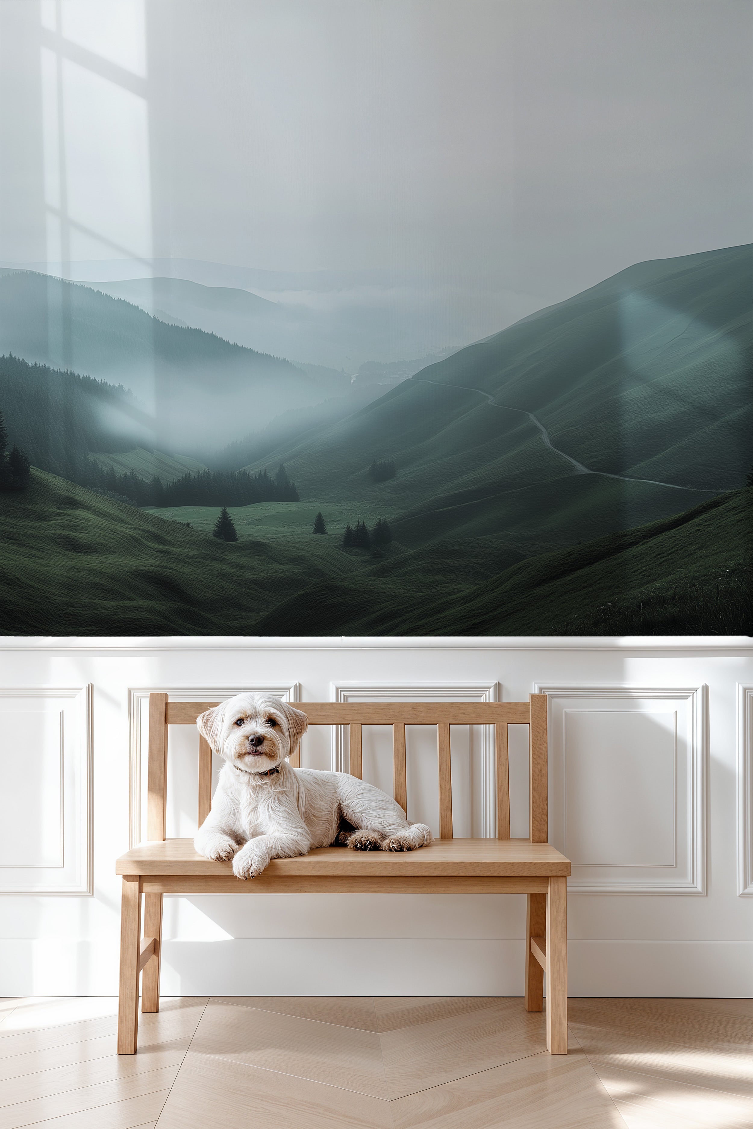 Misty mountain valley mural in a bright room with green rolling hills and fog, shown behind a wooden bench with a small white