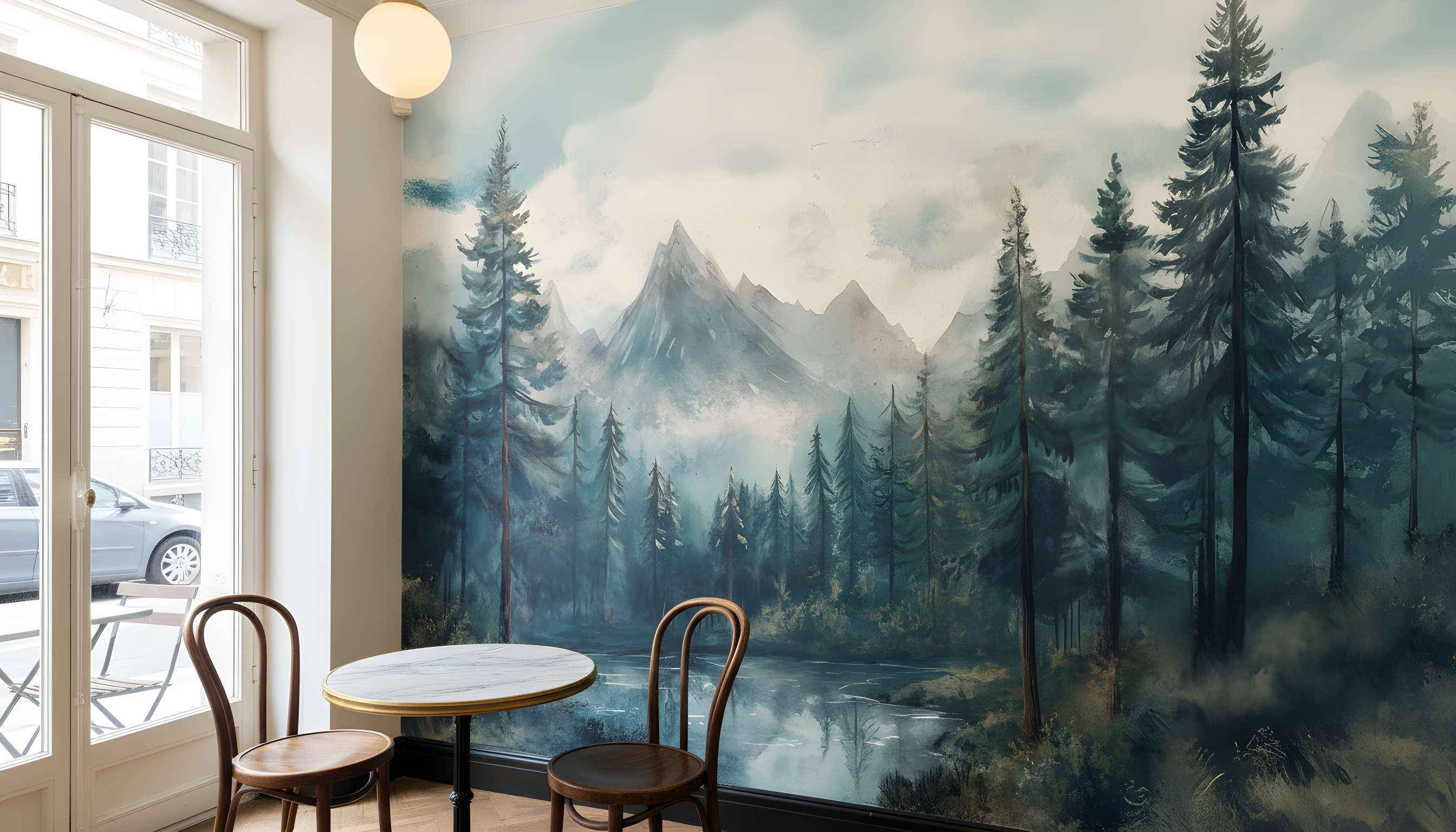 Vibrant watercolor style mountain forest mural with tall evergreen trees, misty peaks, and a reflective lake in cool blue greens for a tranquil living