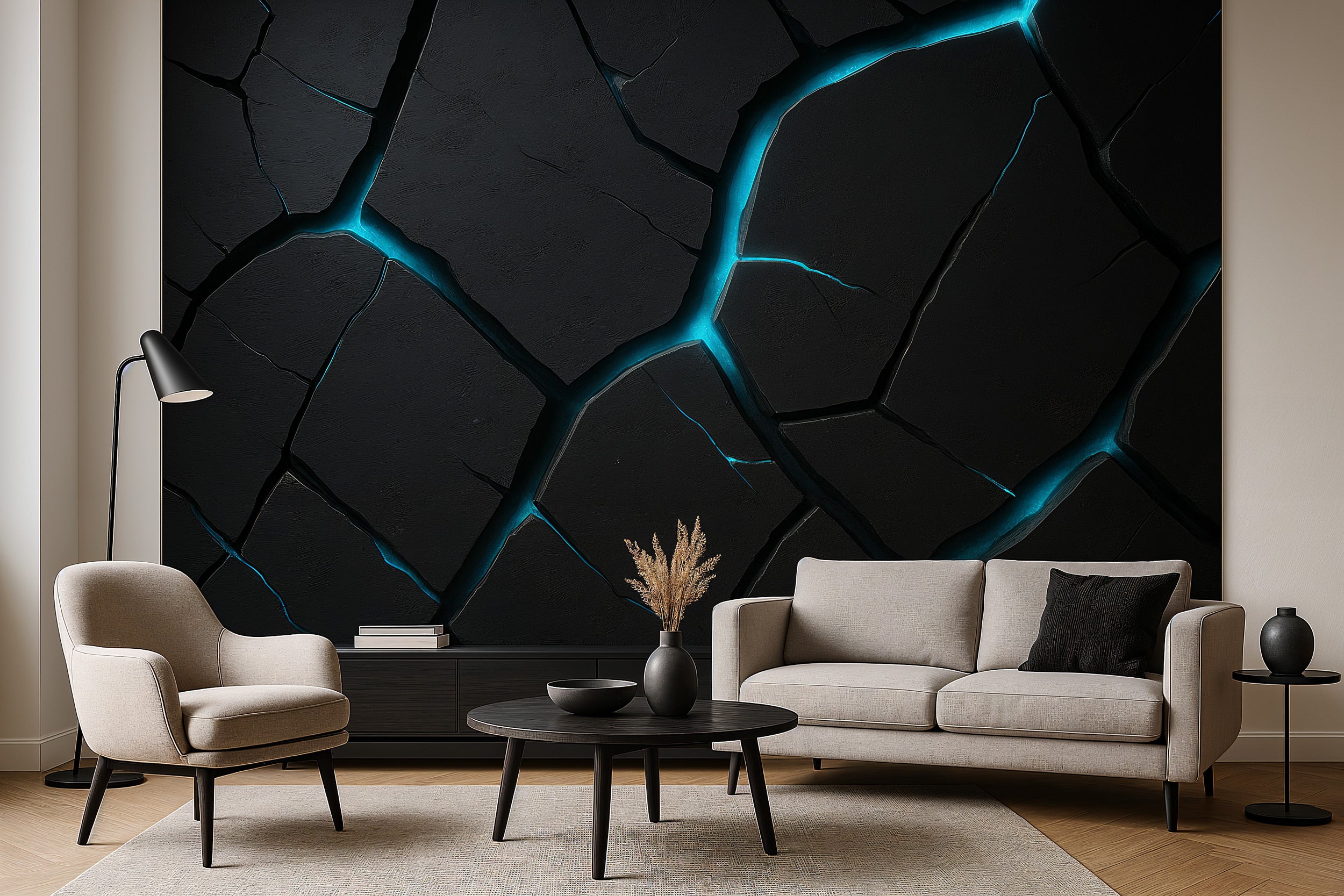 Cracked black stone mural with cyan glowing cracks, modern living room setup in neutral tones, industrial sci‑fi style accent
