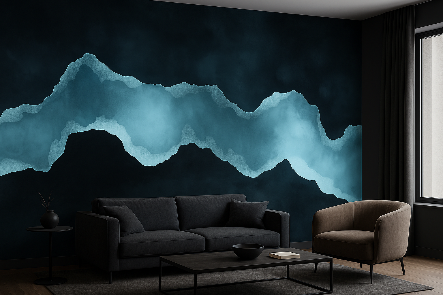 Abstract teal mountain mural wall art in a modern living room with a dark navy wall and teal layered mountain silhouettes beh