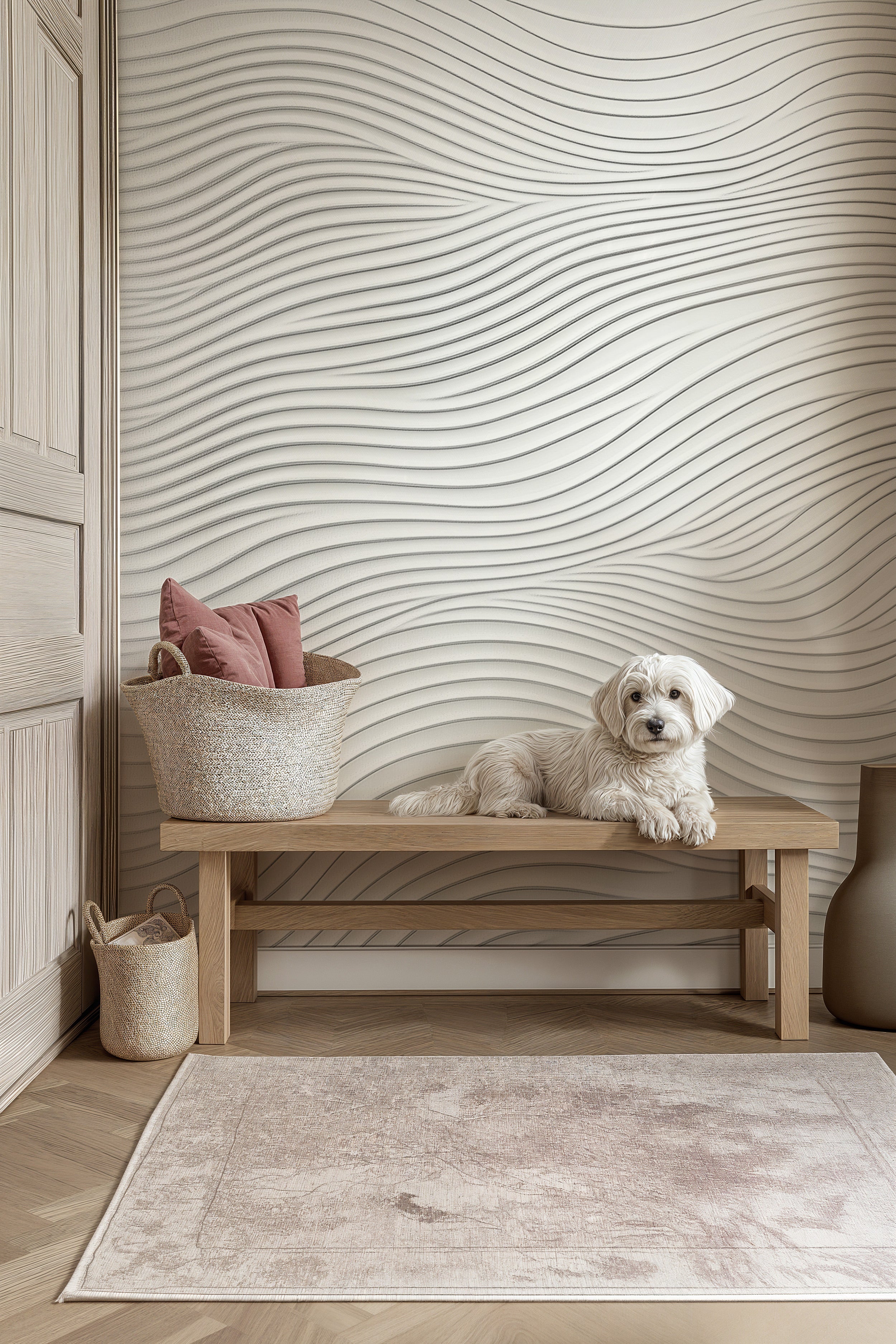Neutral-toned living room wall mural with flowing abstract wave lines, beige bench, dog, and textured baskets for accent wall