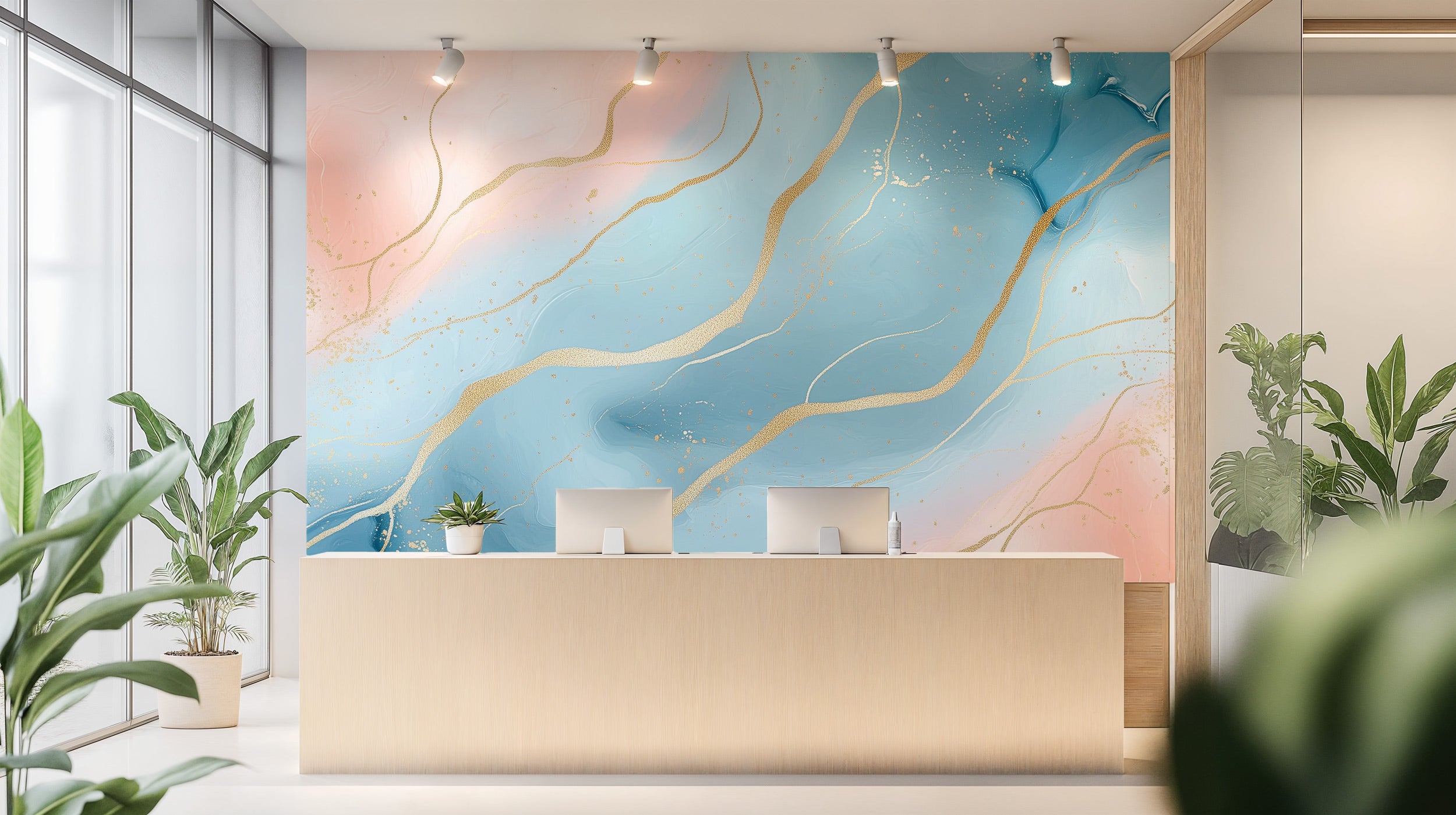 Blue pink abstract mural with gold veining on a modern lobby reception wall with plants and airy natural light