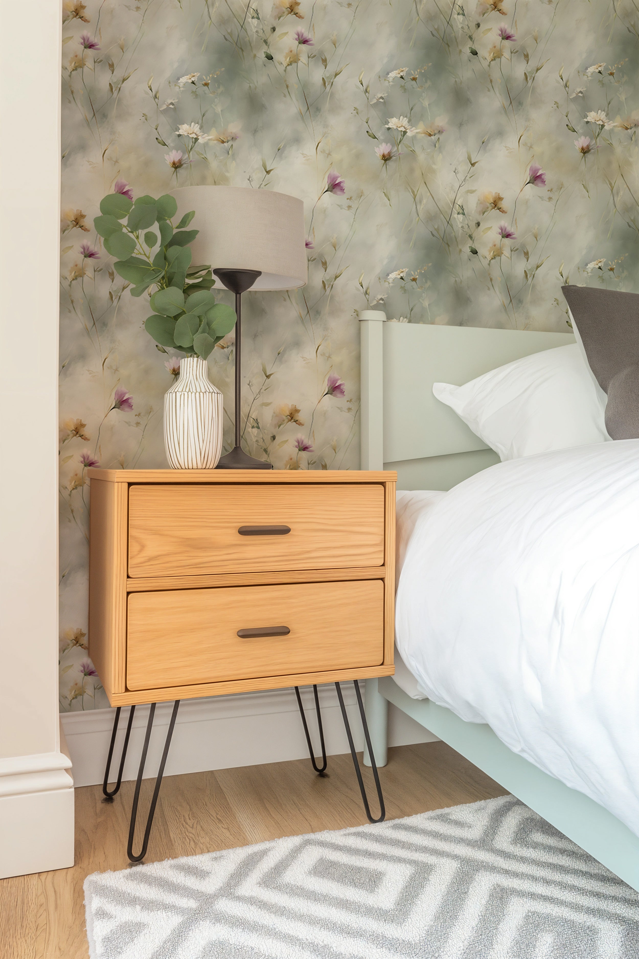 Watercolor wildflower wallpaper with white cosmos and purple blooms in a serene bedroom setting featuring a light wood nights
