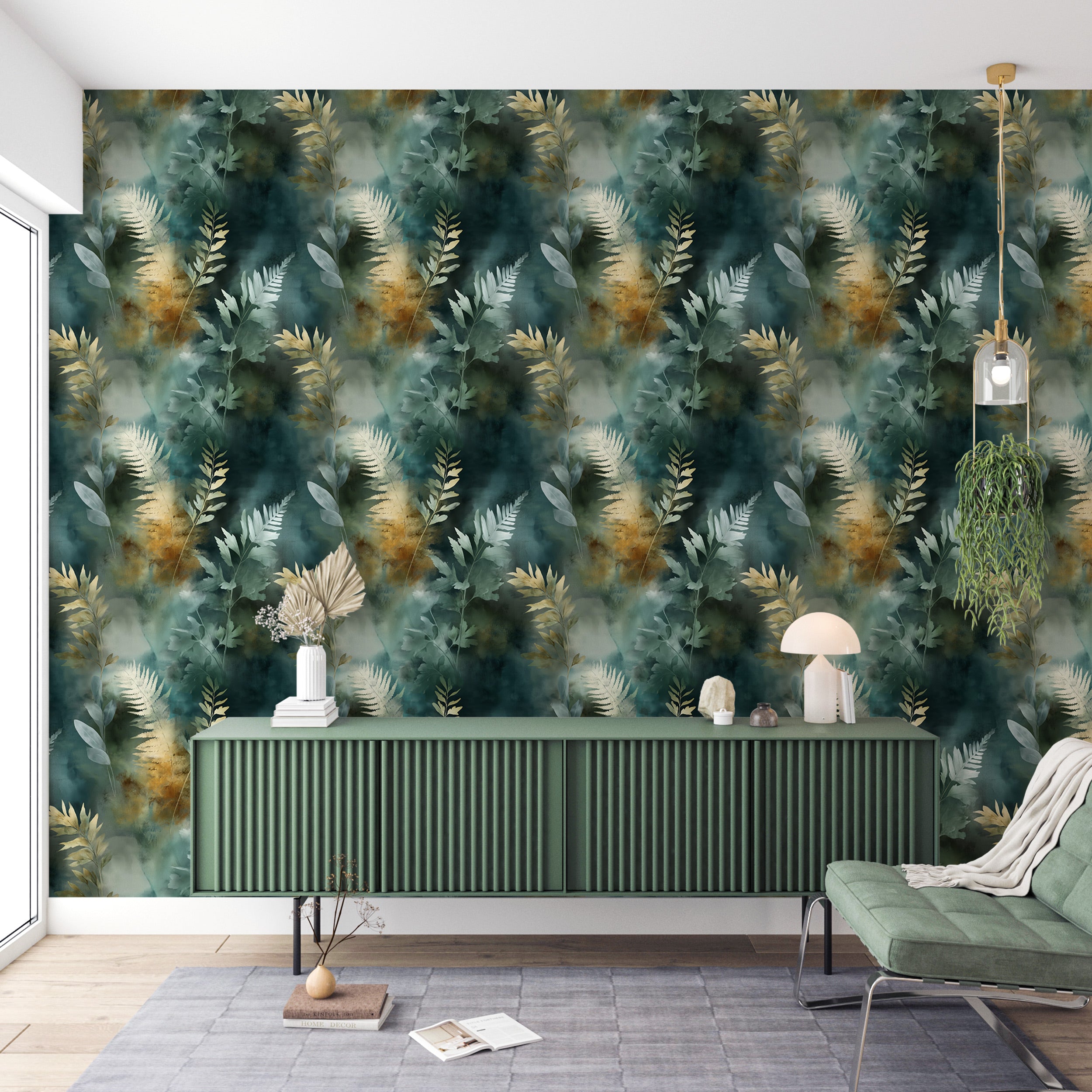 Watercolor fern wallpaper mural in teal sage green and gold tones with delicate leaves, lush forest vibe, shown as a feature