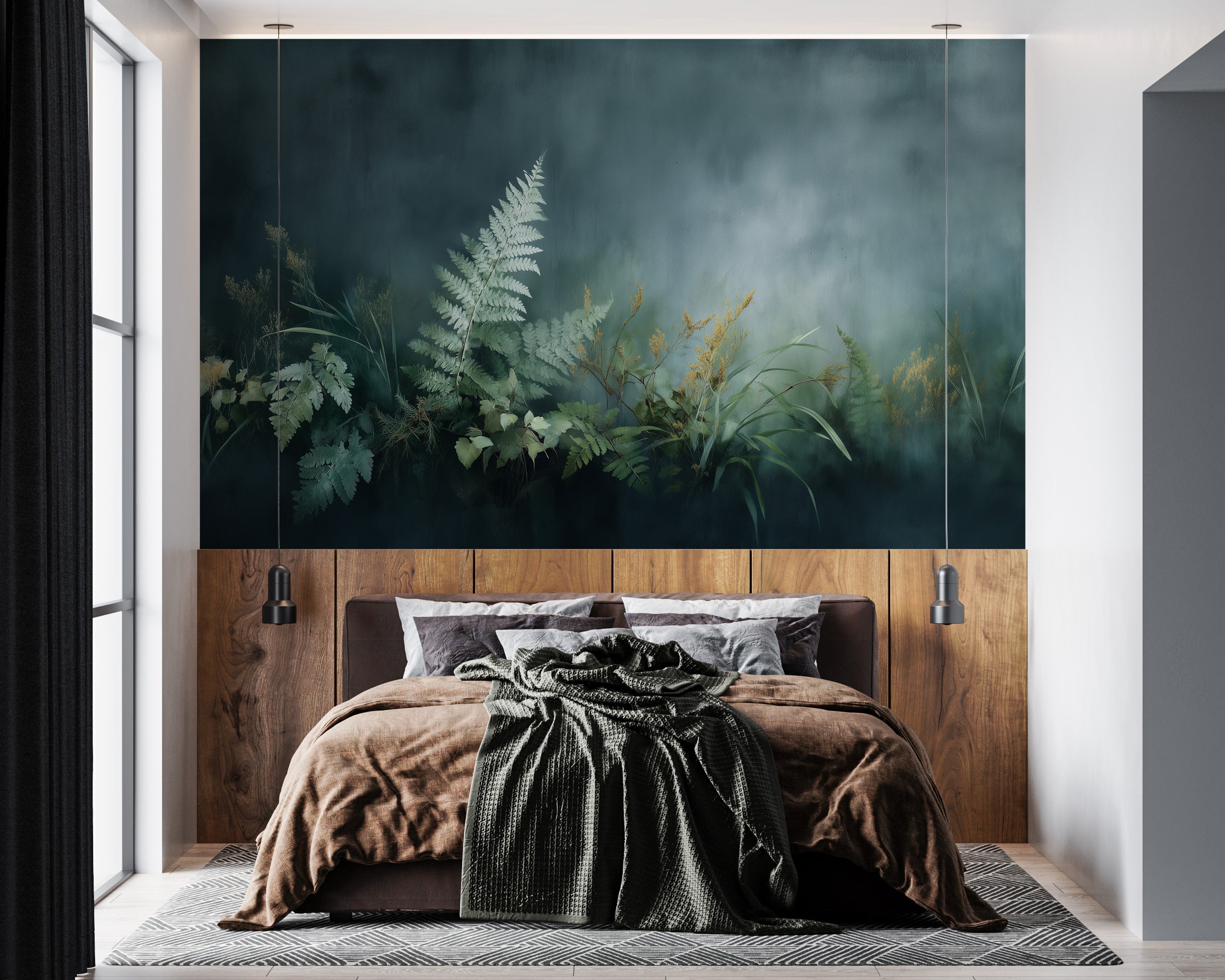 Teal misty forest mural with ferns and grasses behind a wood-paneled headboard in a modern bedroom ambiance