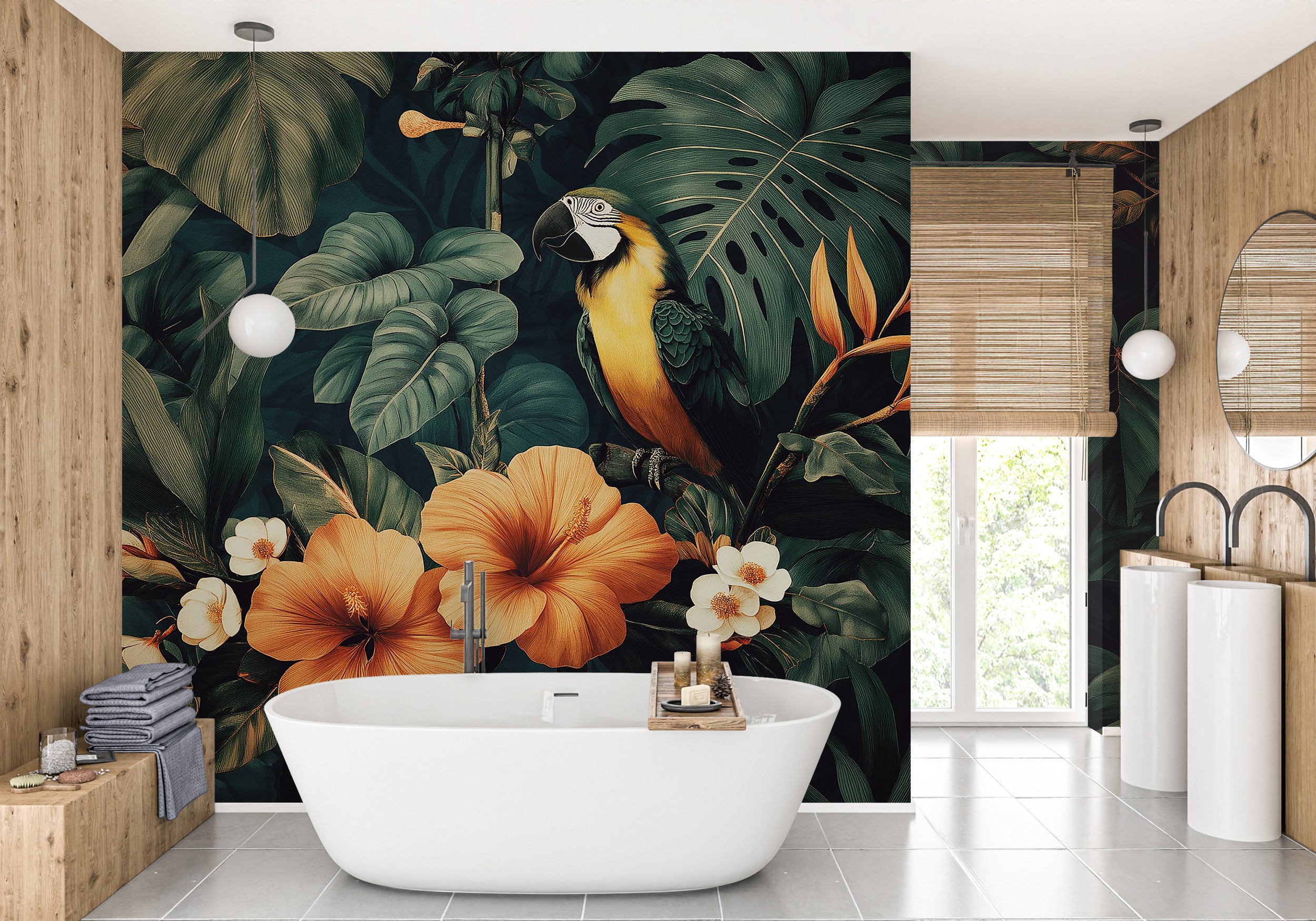 Tropical paradise mural in a bathroom with a vibrant parrot among hibiscus and lush green leaves, large floral accents, and w