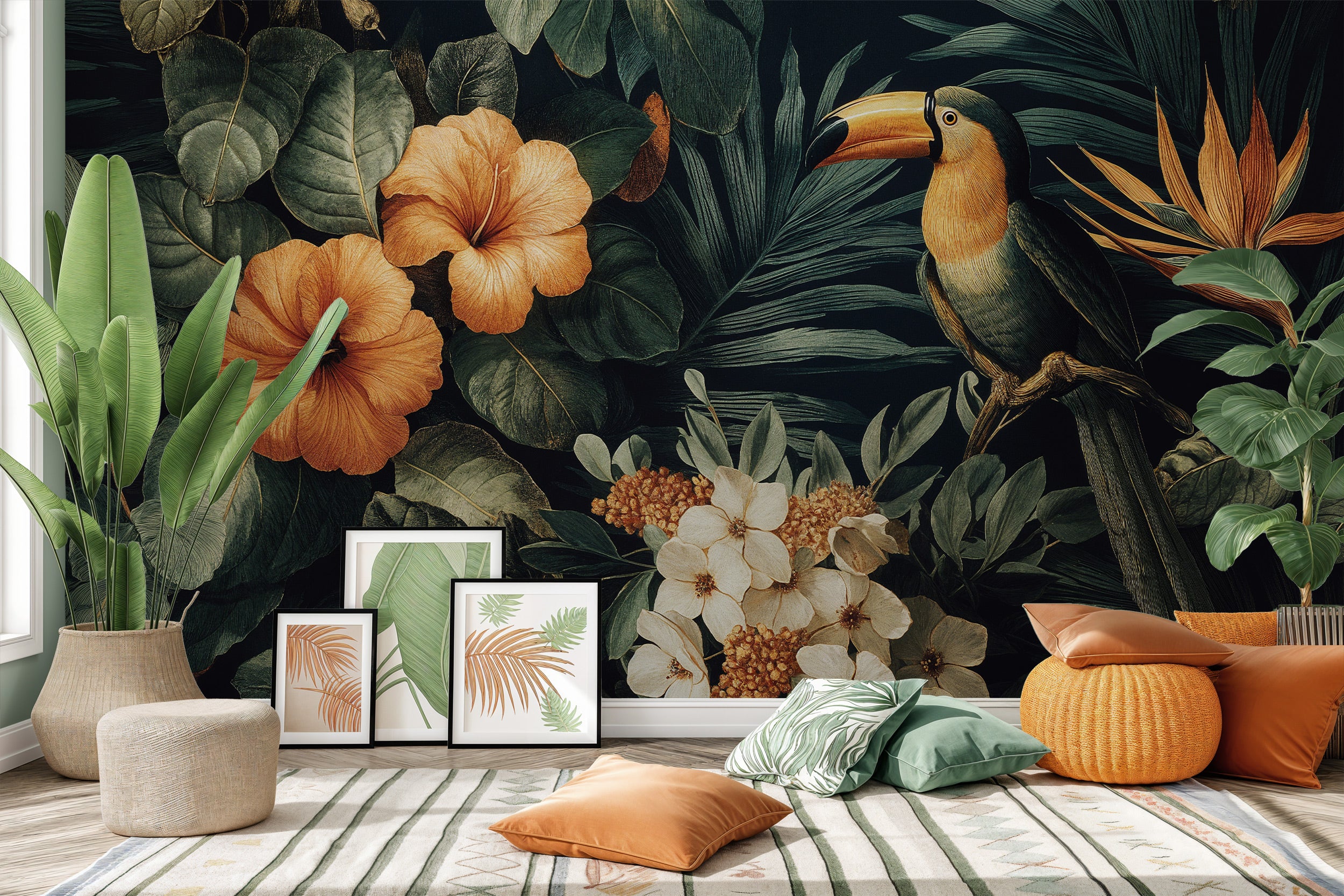 Tropical toucan mural scene with lush green leaves orange hibiscus flowers in a living room setting, peel and stick wall art