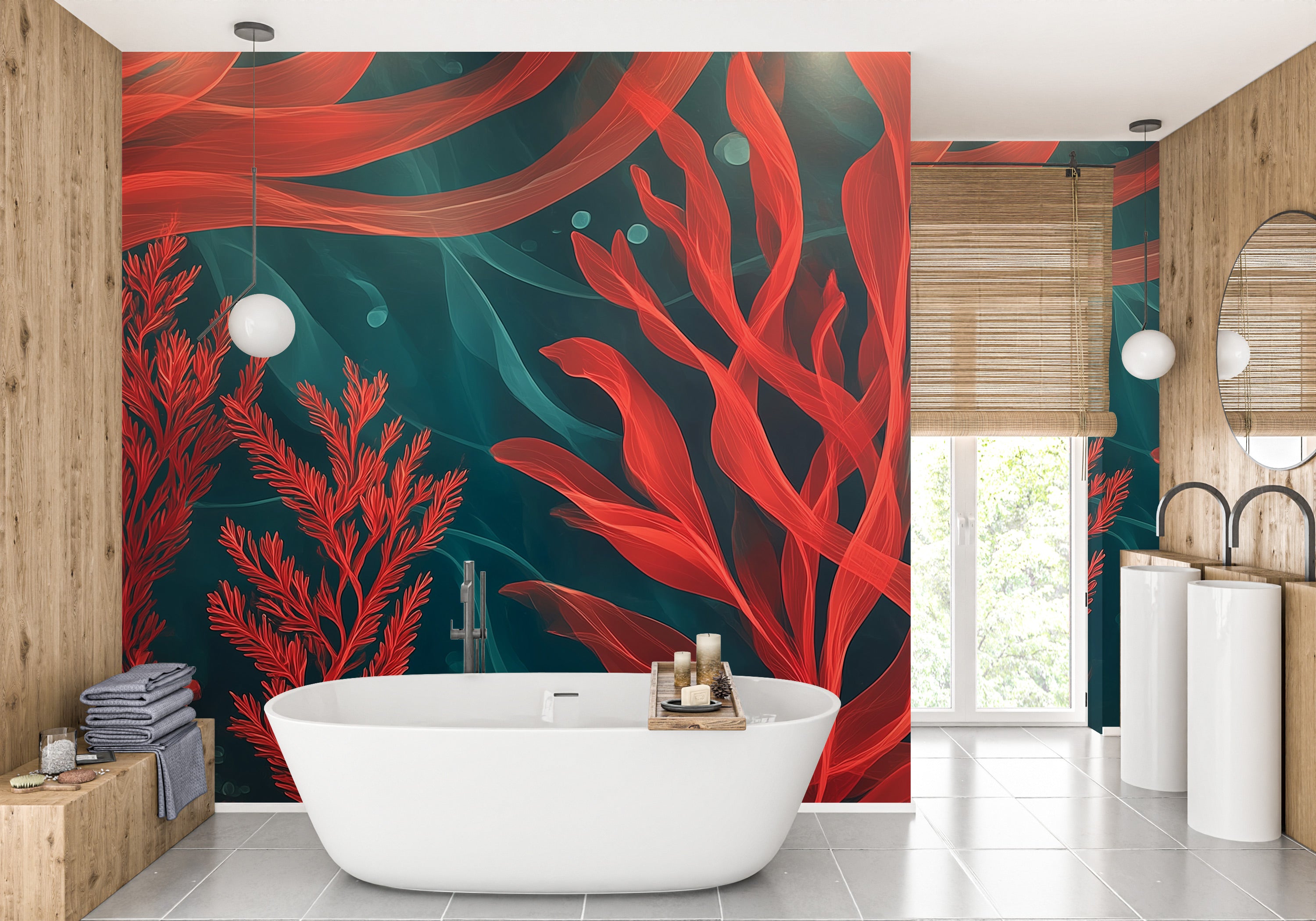 Underwater seaweed mural with red coral on teal backdrop, oceanic botanical wallpaper in a modern bathroom setting with a fre