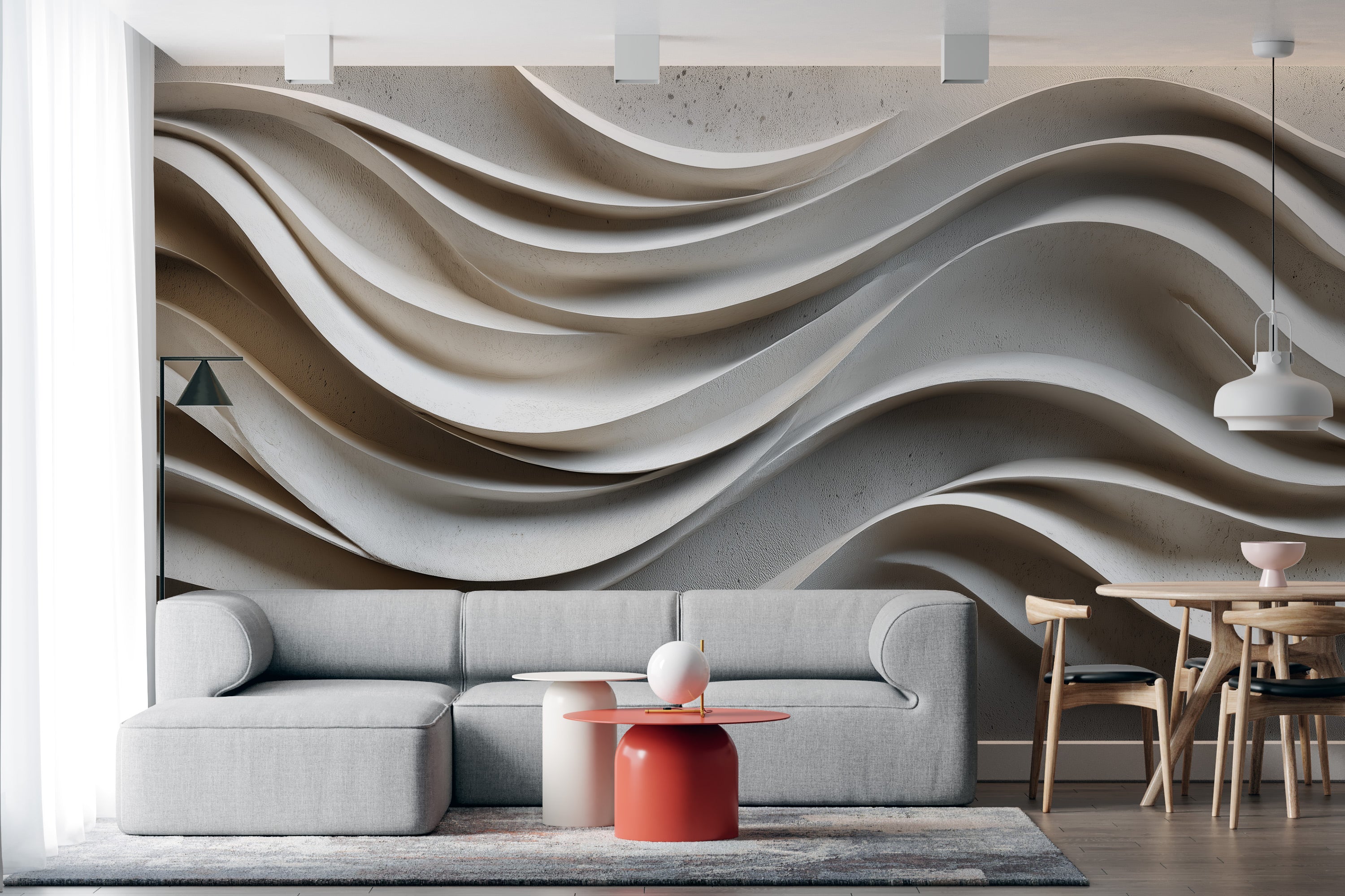 Neutral-toned 3D wave mural on living room wall with flowing sculptural beige and white curves behind a light gray sofa