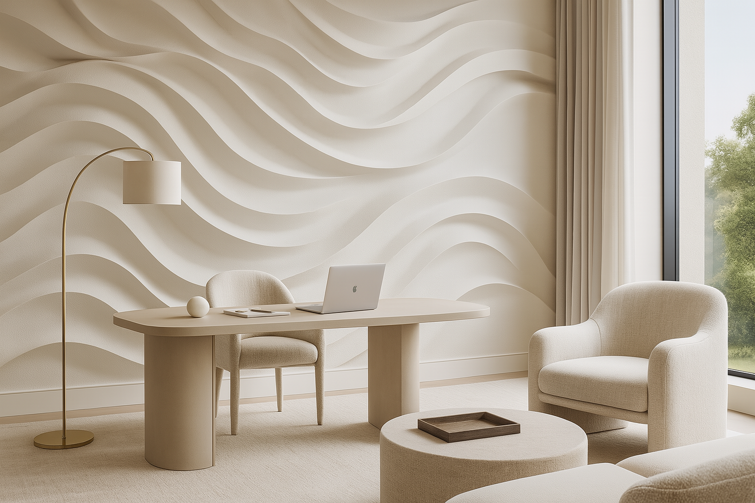 Beige abstract concrete wave mural in a modern neutral office setting with a rounded desk, curved chair, and soft textured wa