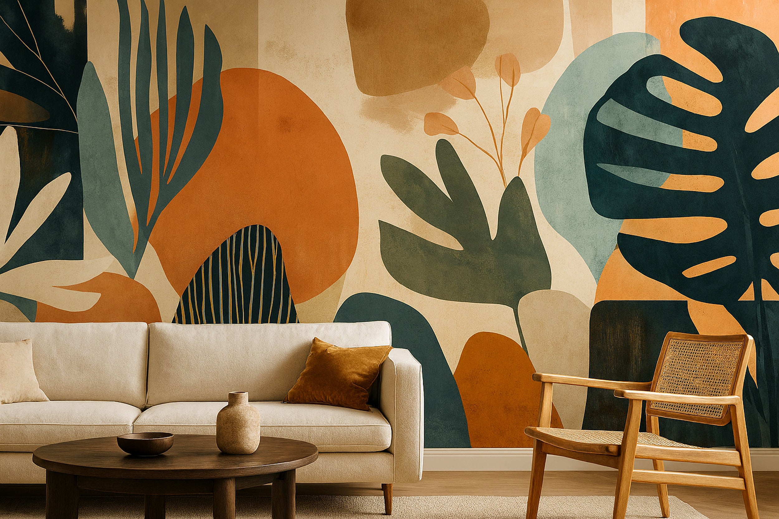 Abstract botanical mural with terracotta teal leaves in a beige living room featuring a cream sofa and wooden chair, painterl