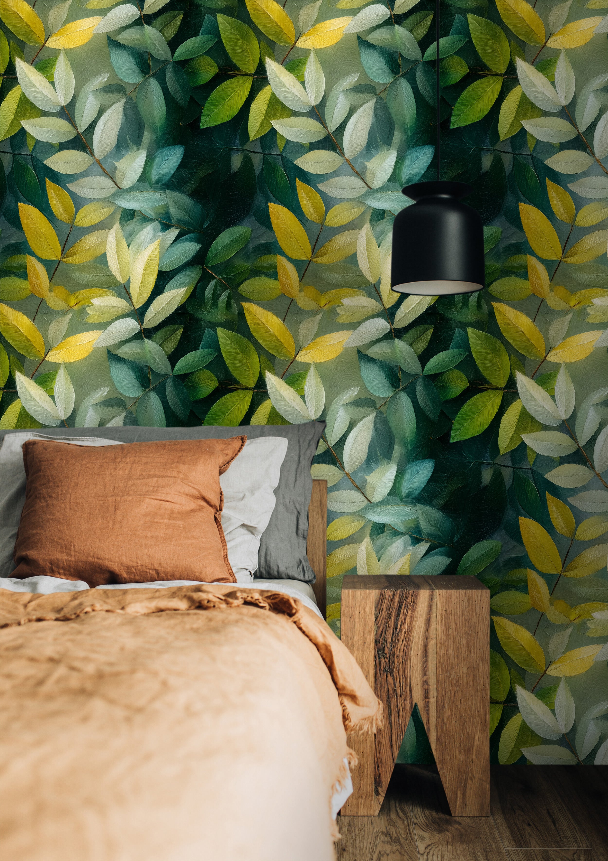 Bedroom featuring green tropical leaf wallpaper with yellow and sage leaves, bed with neutral and rust pillows, wooden nights