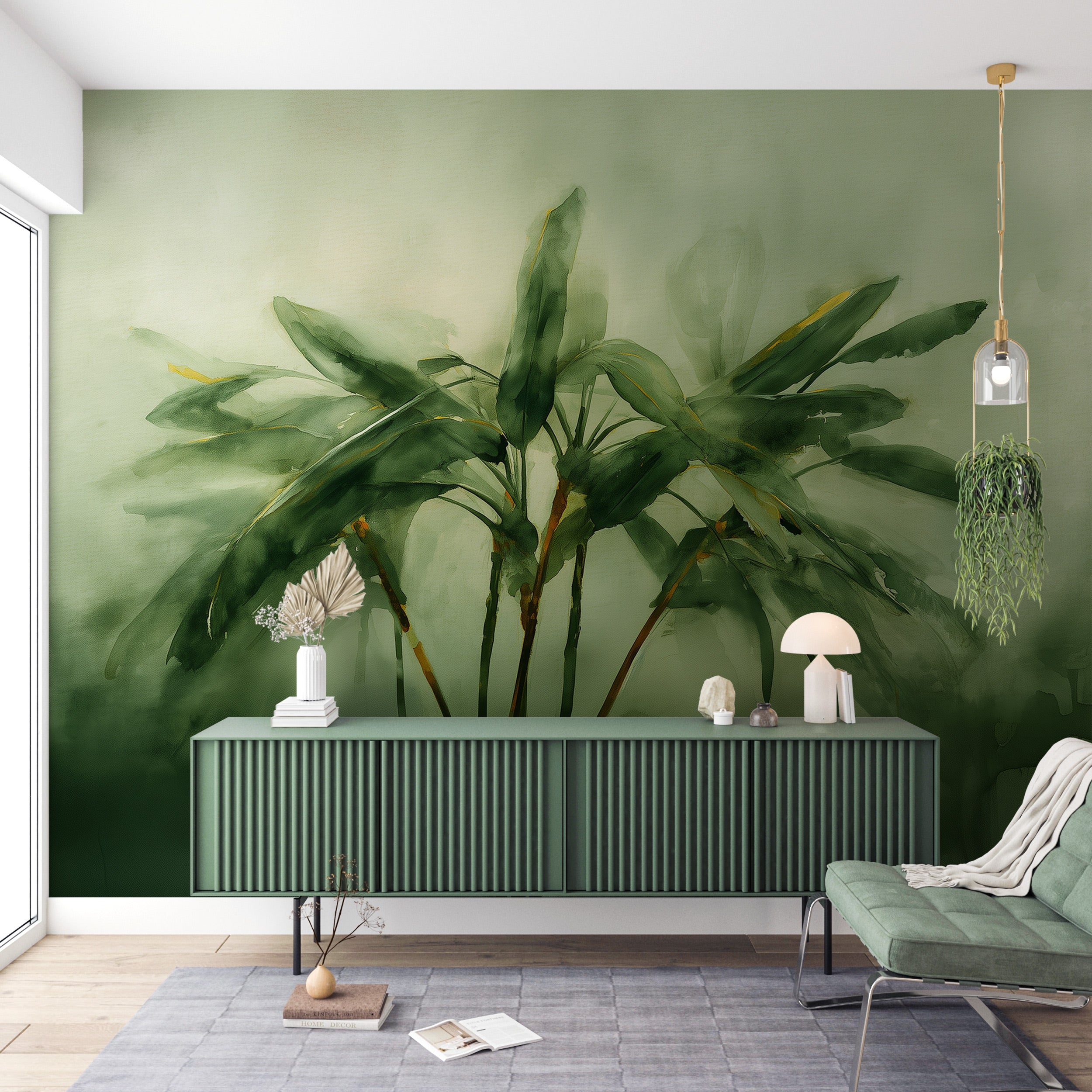 Watercolor tropical palm mural in soft sage green tones with lush leaves, botanical wallpaper style for a calming living spac