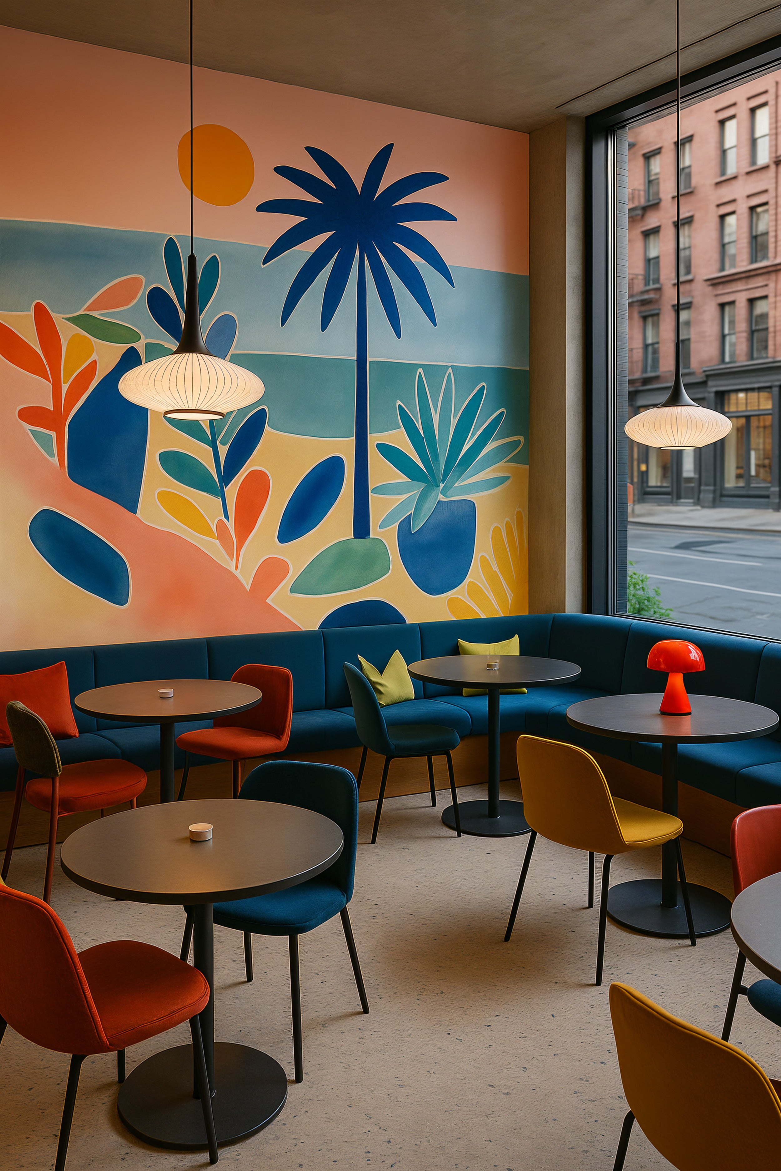 Vibrant tropical paradise mural with palm trees and abstract foliage in blues oranges yellows teal, peel and stick wallpaper