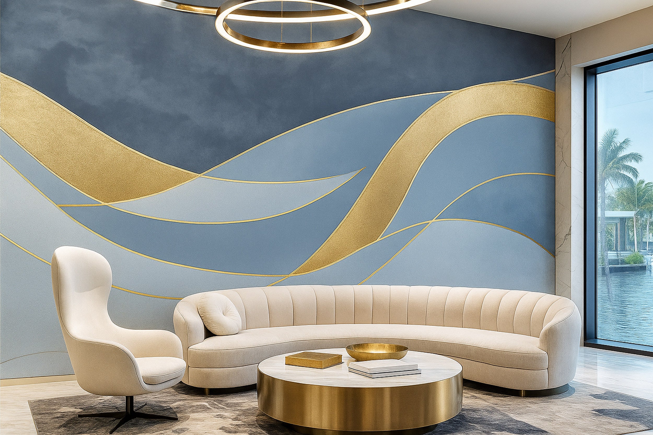 Abstract golden curves mural in blue grey living room with gold accents and modern elegant wallpaper design, luxurious wall a