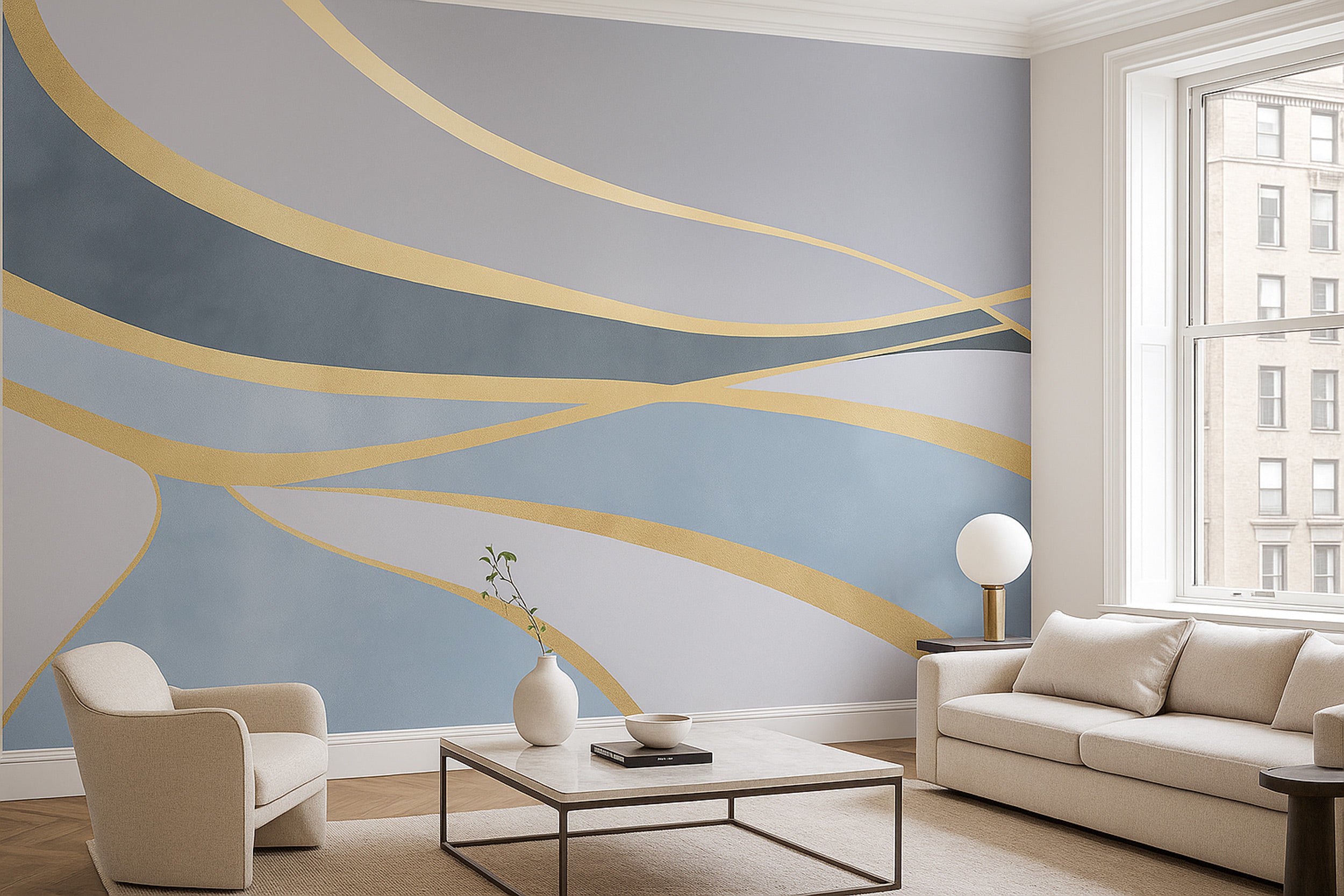 Abstract golden flowing lines over blue gray mural in a modern living room with neutral furniture and large window