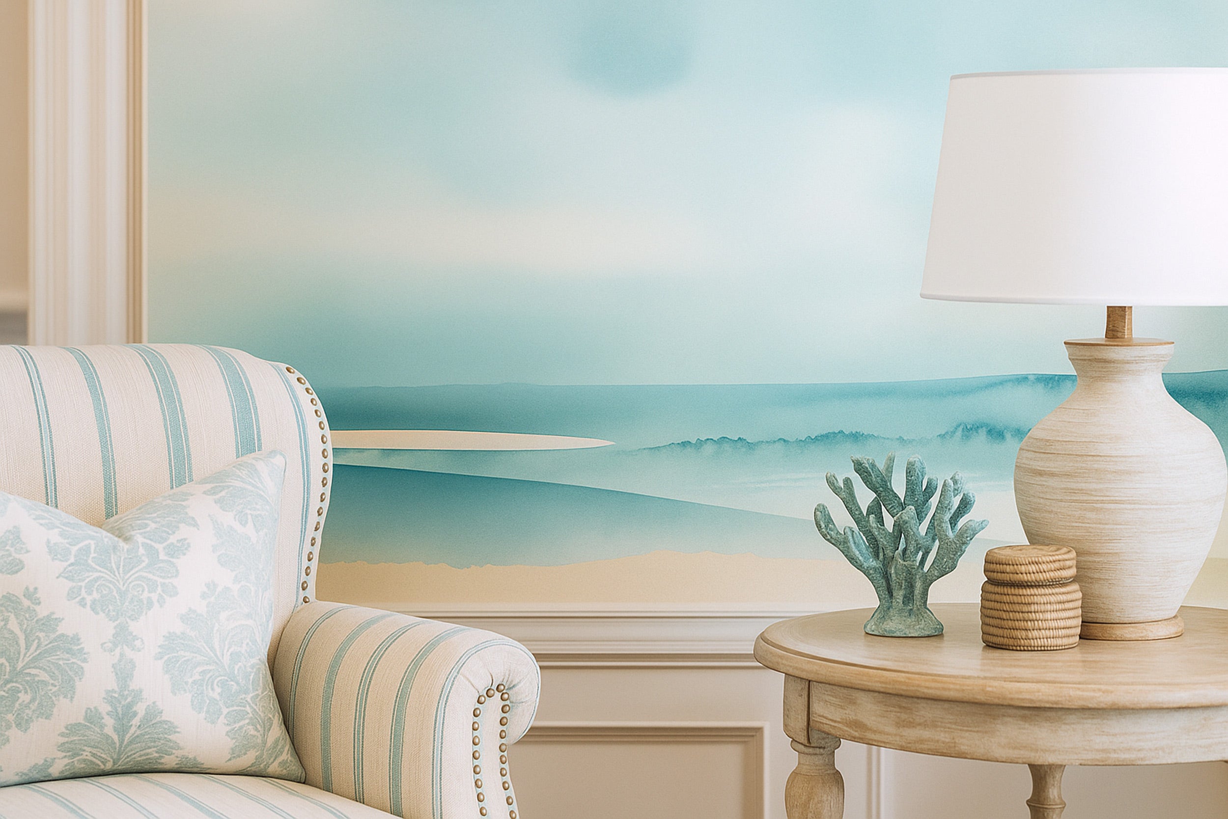 Watercolor ocean waves mural in teal beige on wall, calming coastal scene with soft furniture and beach-toned decor