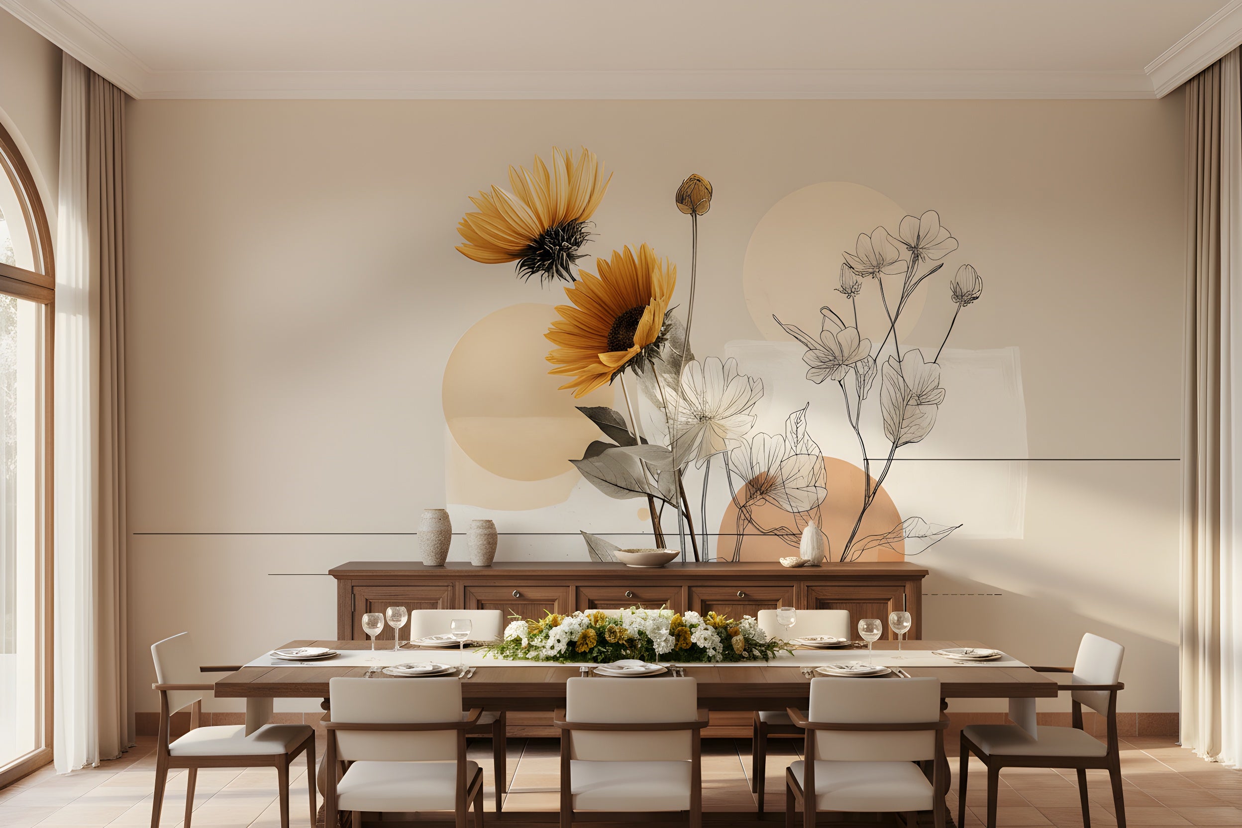 Neutral-toned dining room featuring a large abstract mural with orange sunflowers and line-drawn flowers, soft beige wall art with circular shapes