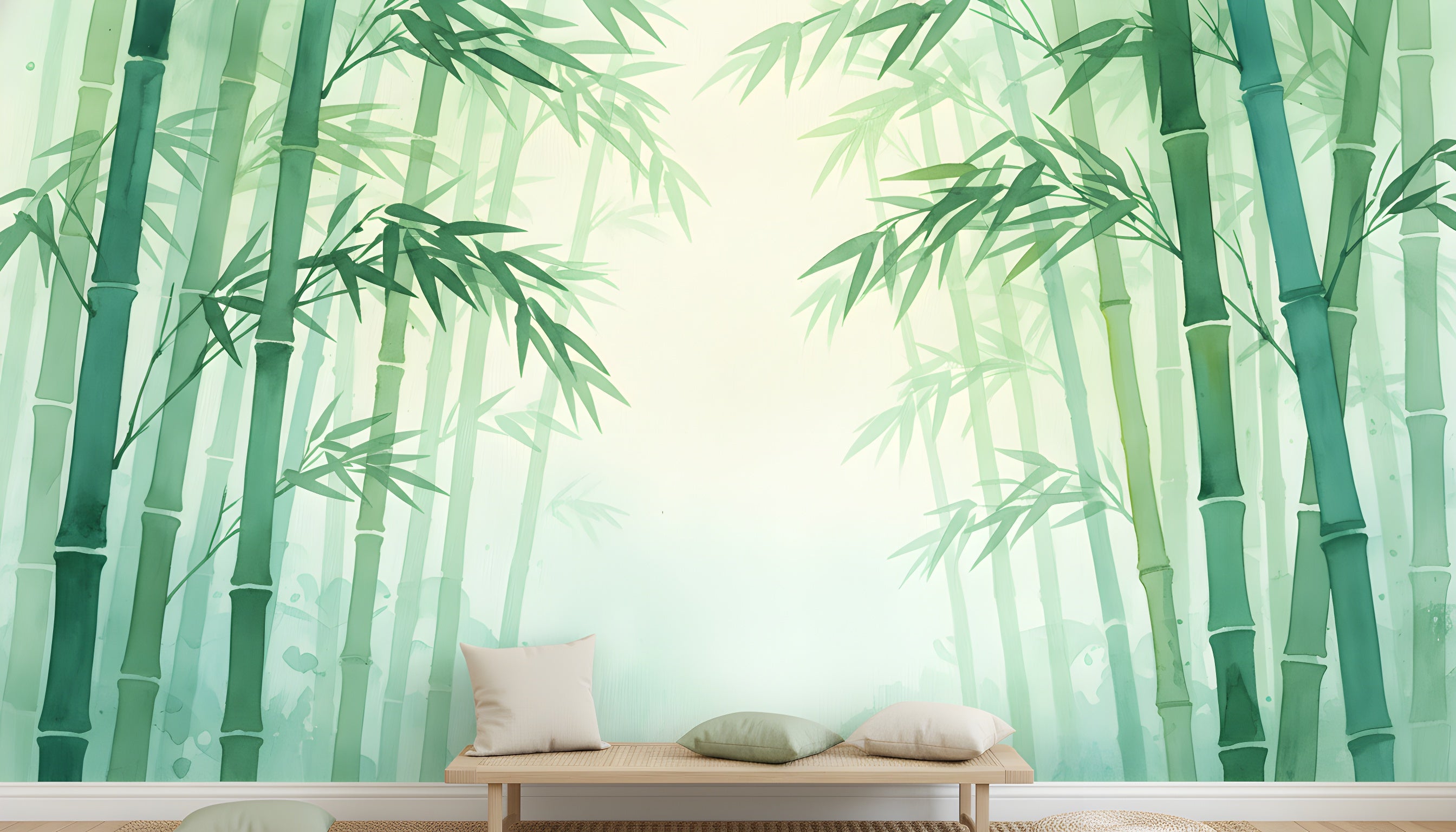 Watercolor bamboo forest mural in soothing green tones with tall stalks and leaves, a tranquil wall art scene for a serene living space
