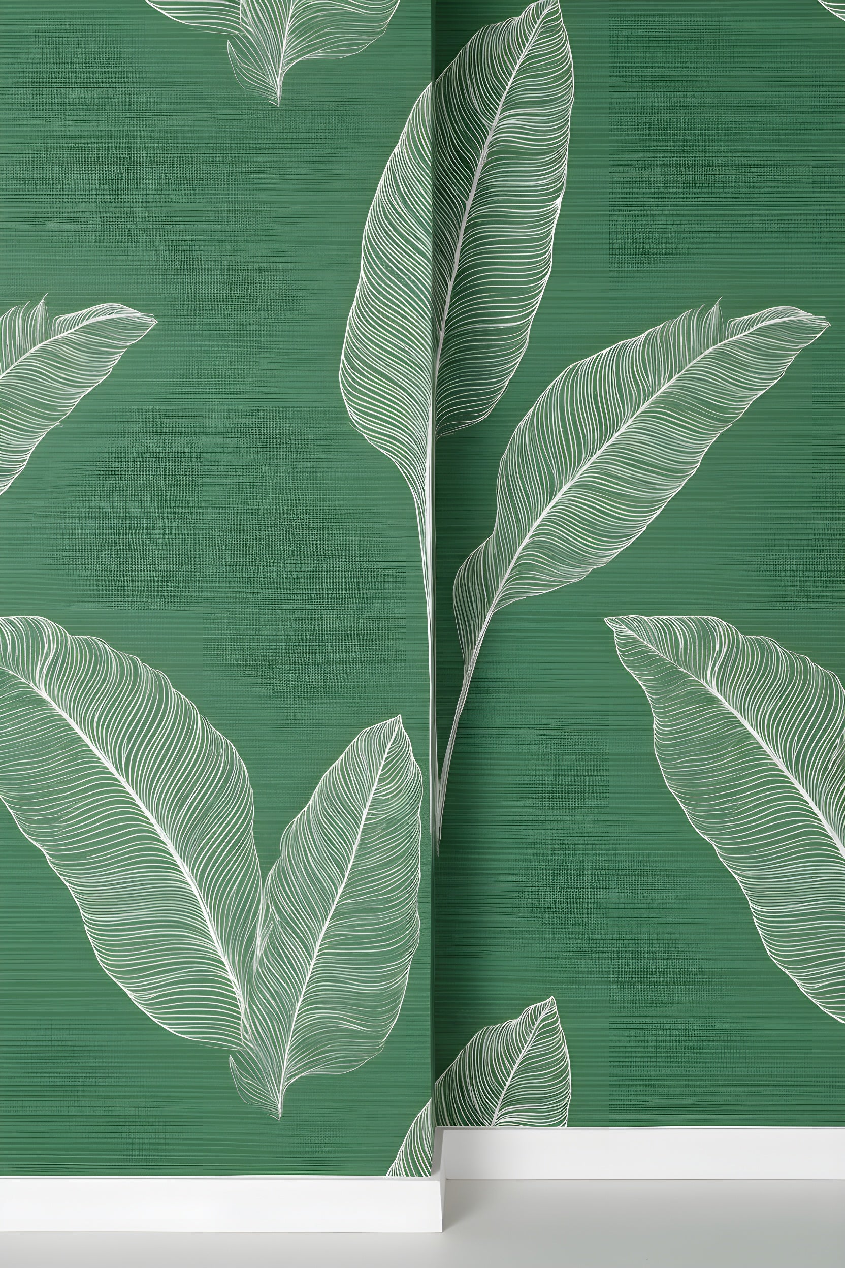Green tropical leaf wallpaper with white outlined leaves on emerald textured background, modern peel and stick style for living spaces