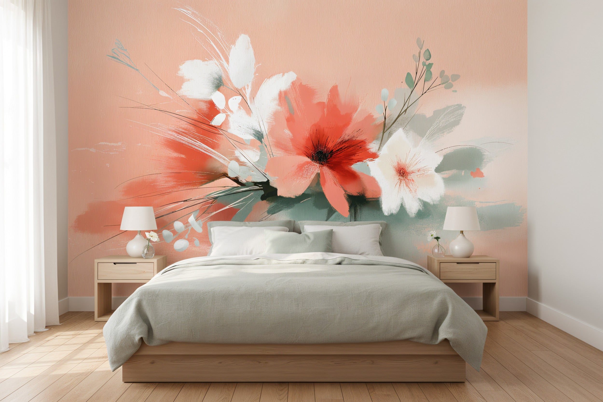 Abstract floral mural in coral white sage greens behind a cozy bed with light bedding in a serene bedroom setting