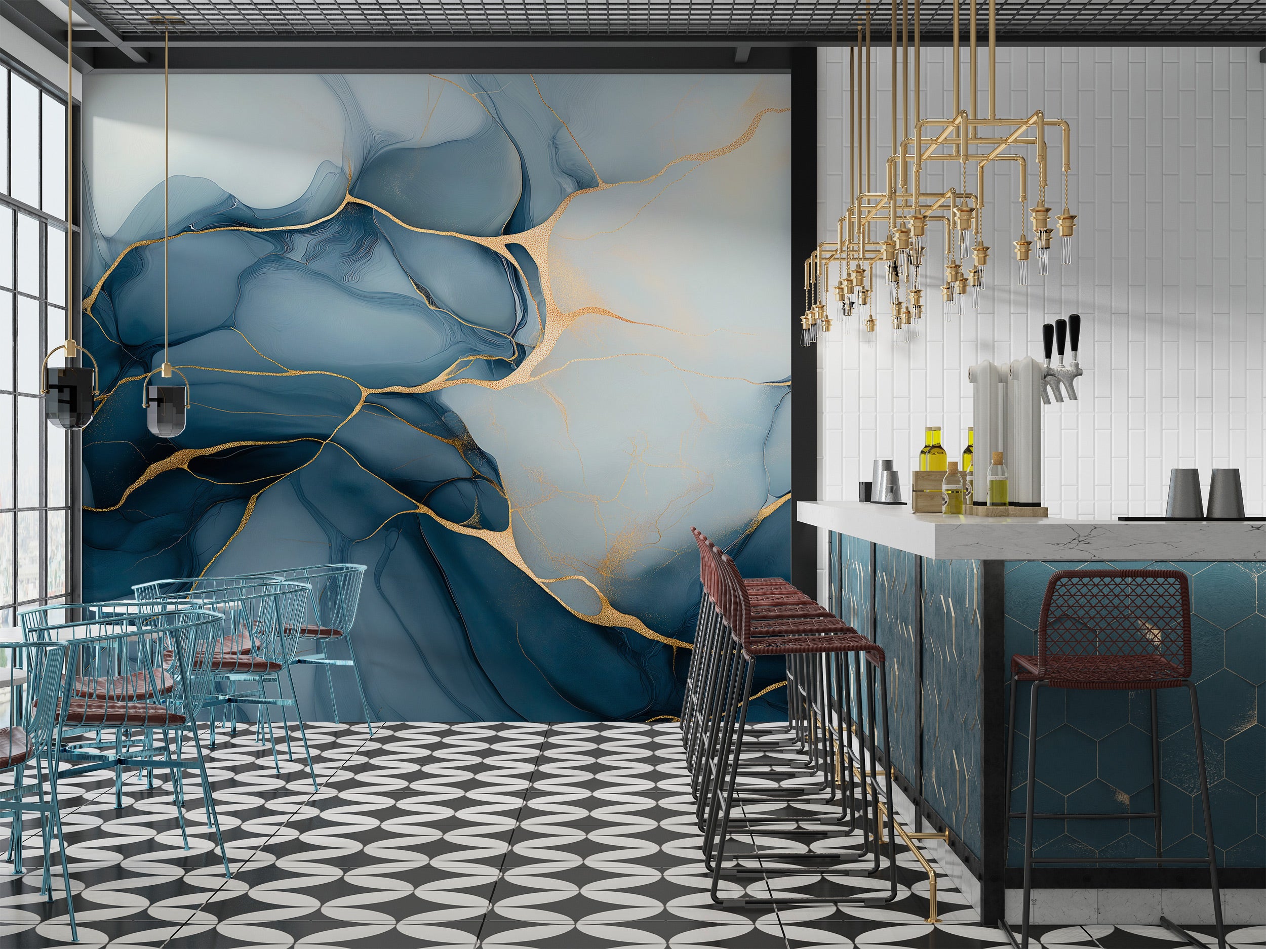 Blue abstract marble mural with gold veining on a modern bar wall, navy to powder blue tones, peel and stick self-adhesive wa