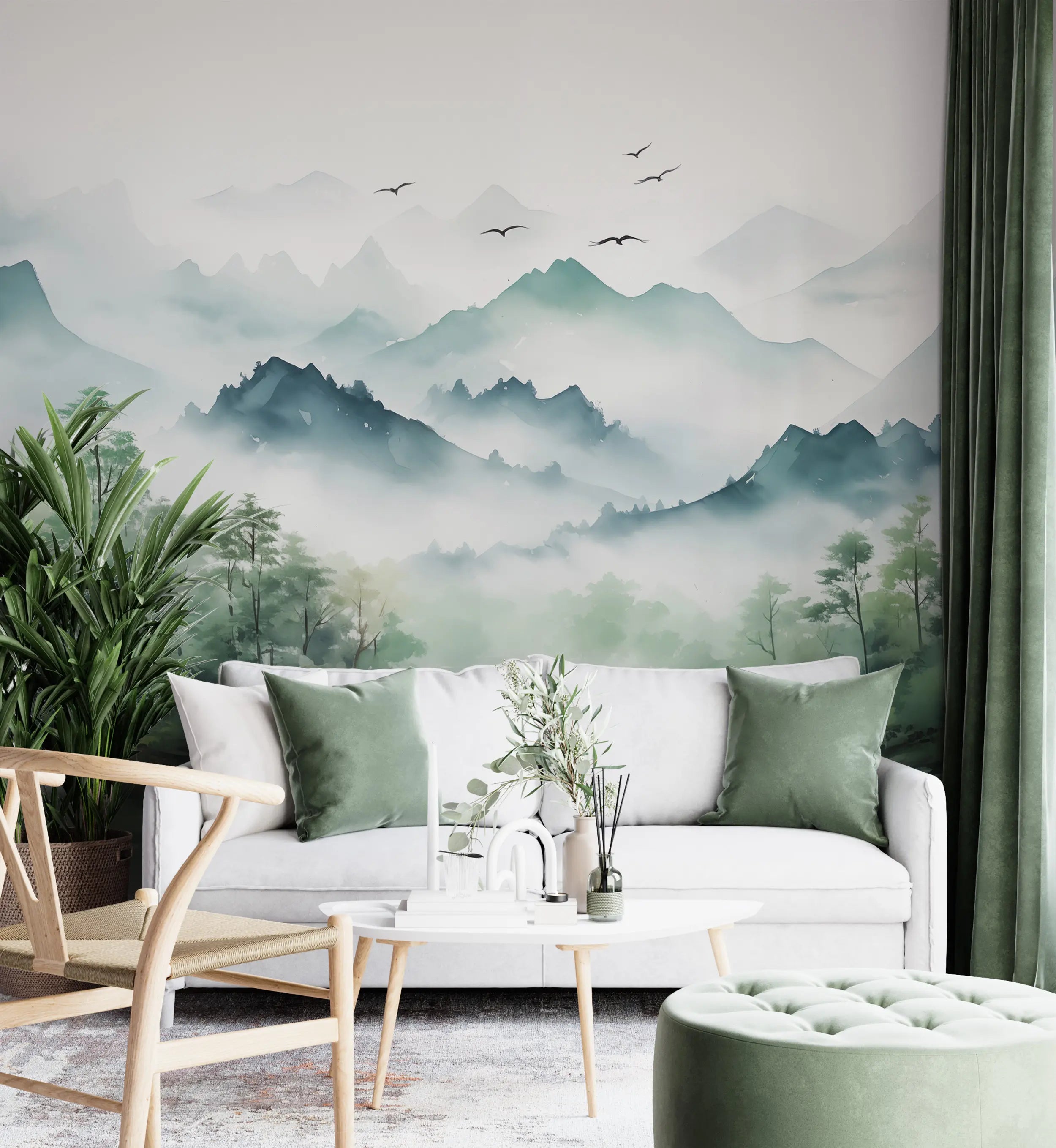Watercolor Forest Mountain Peel & Stick Wallpaper