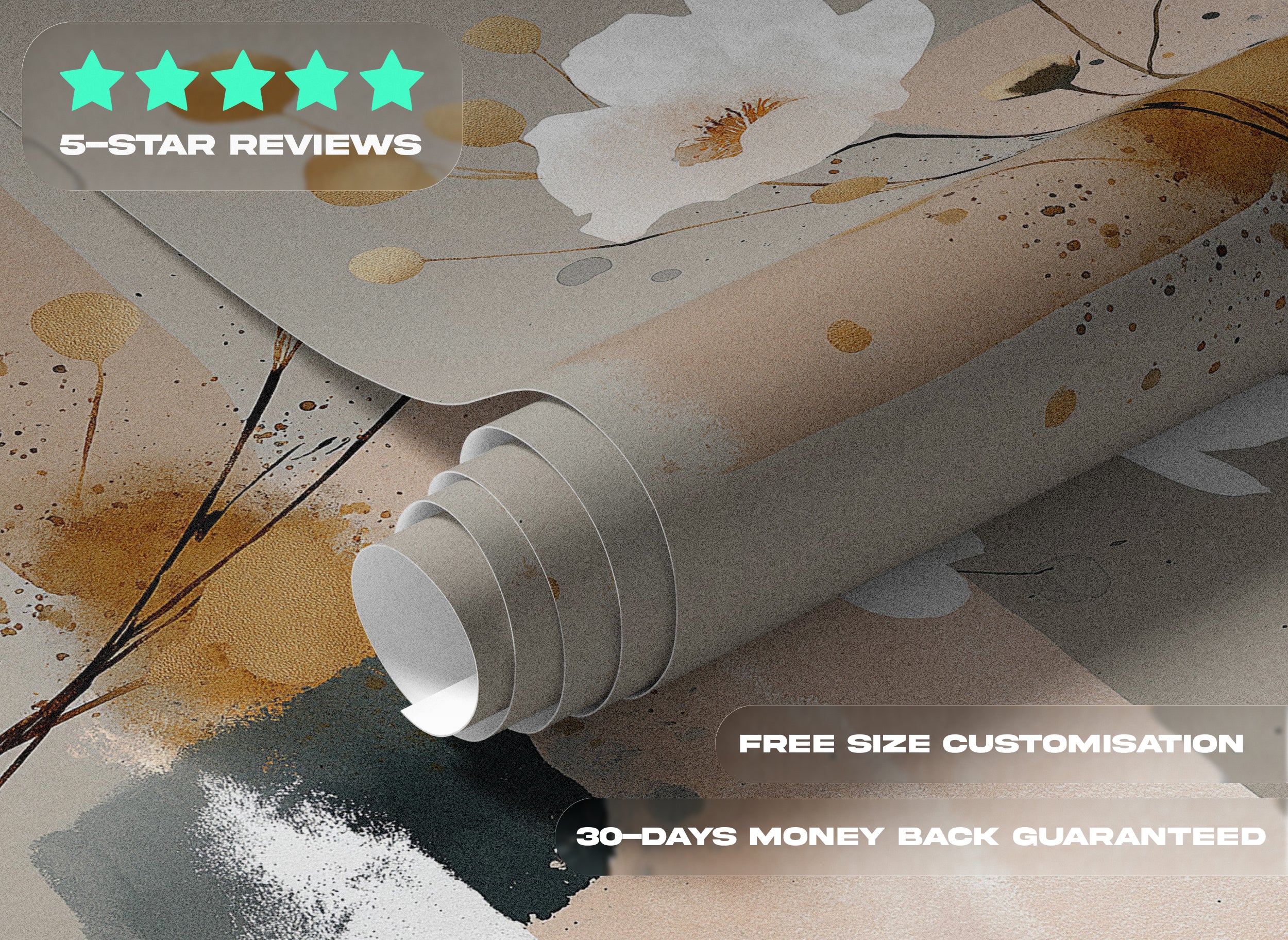 Abstract beige floral mural with white cosmos flowers on watercolor beige teal and gold backdrop, peel and stick wall art for modern bedroom decor