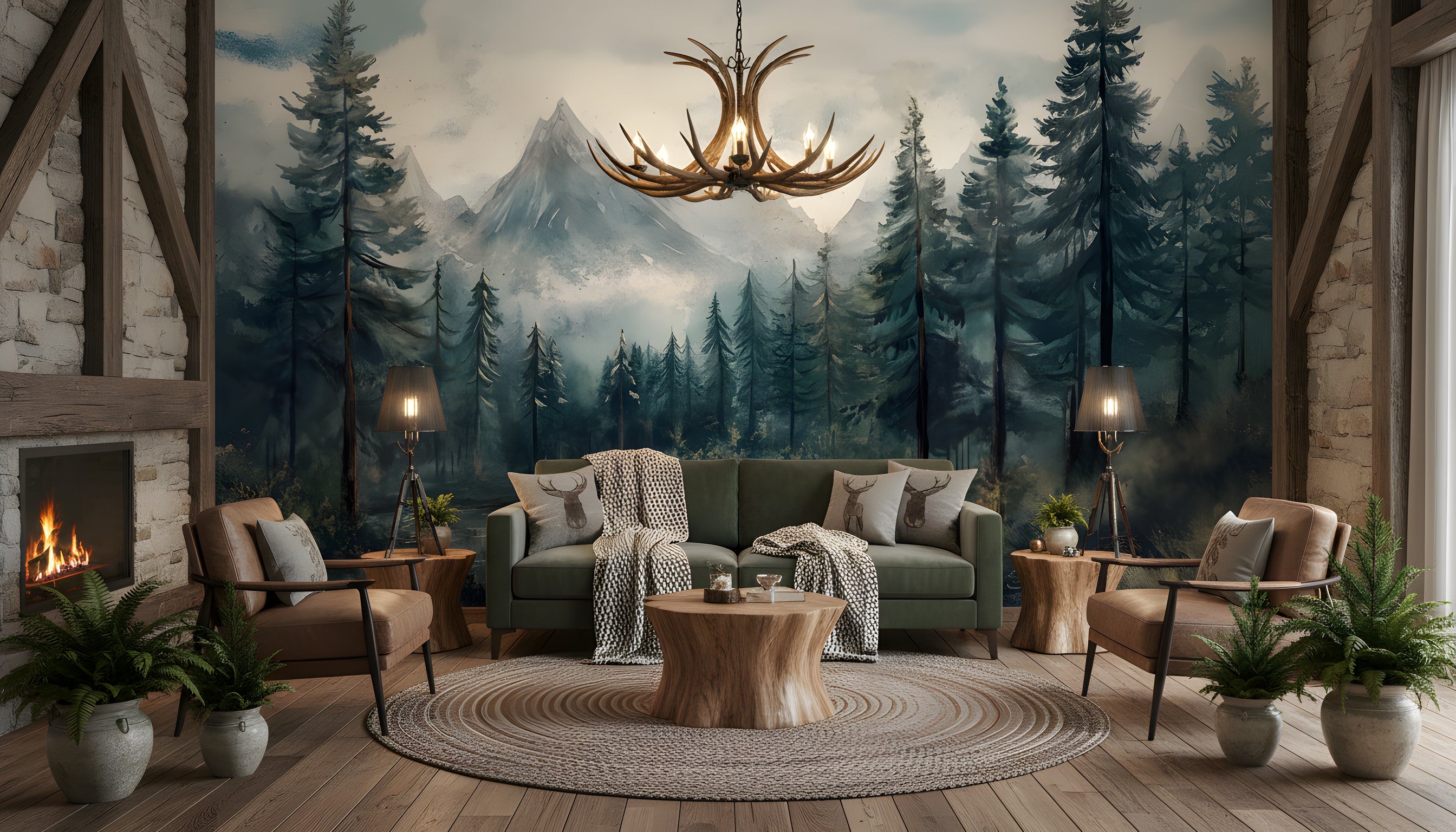 A cozy living room with a green sofa and deer-printed pillows facing a misty mountain forest mural, warm fireplace, antler chandelier, wood furniture