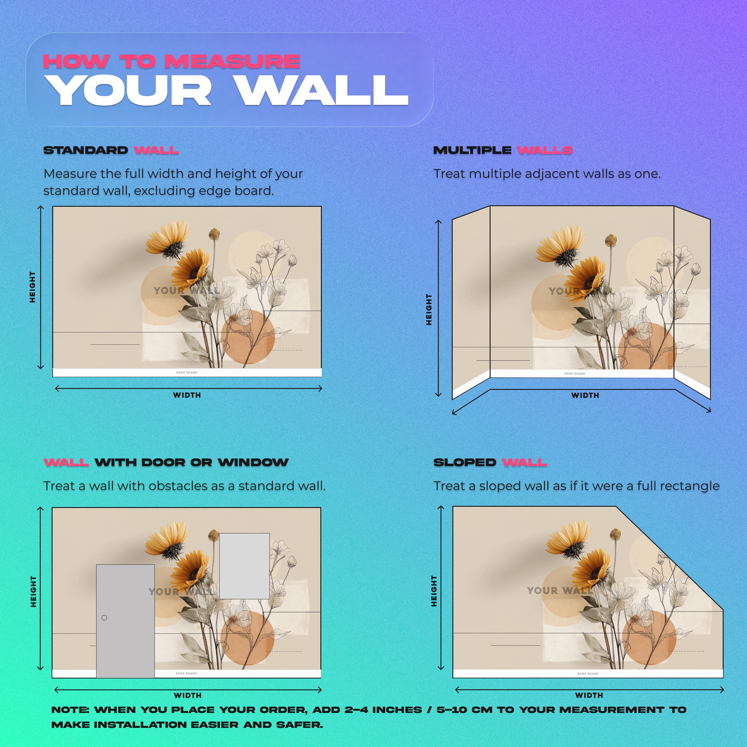 Abstract floral mural with orange sunflowers and line-drawn wildflowers on a beige neutral backdrop in a modern peel and stick wall décor style for