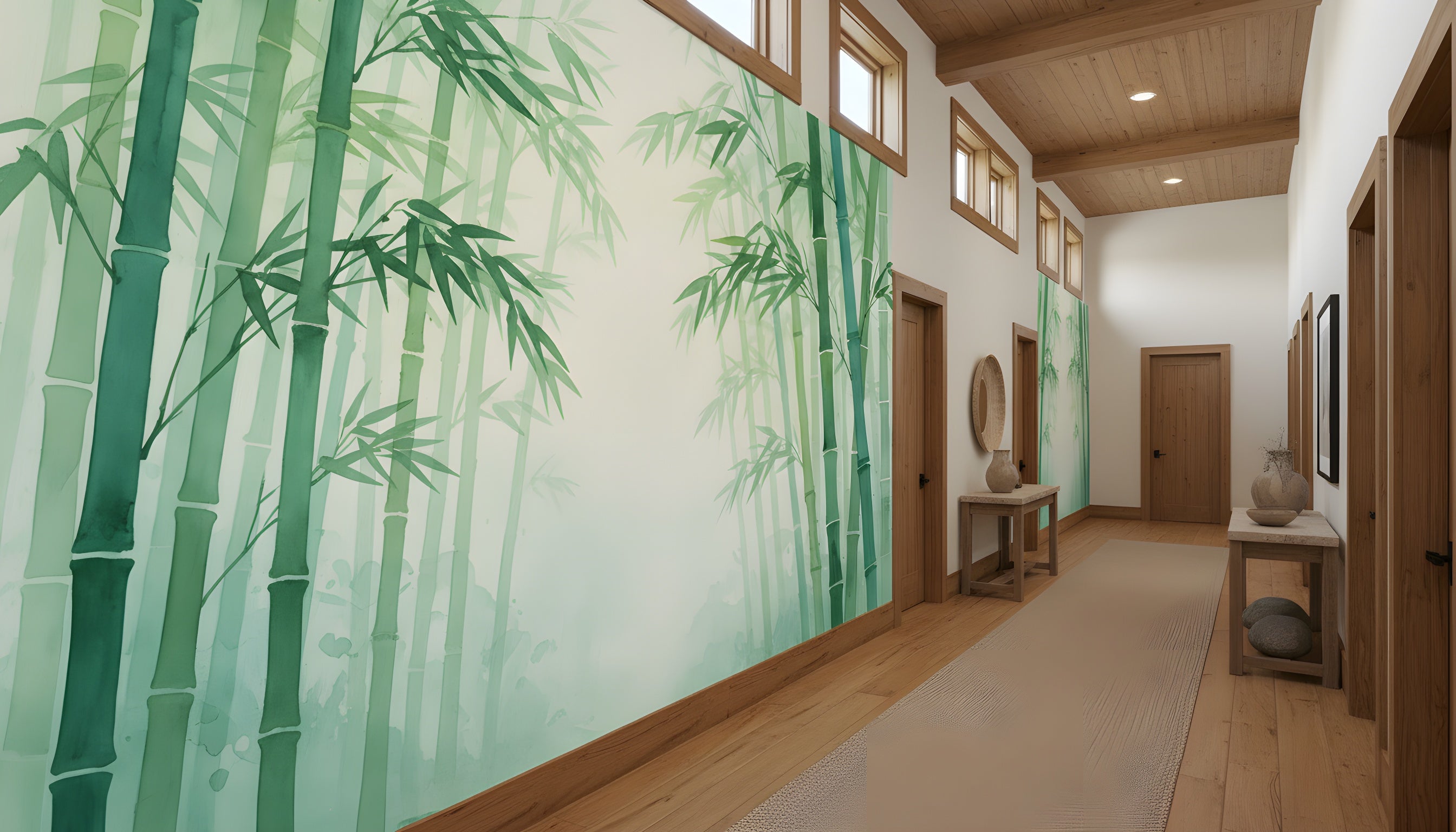A serene hallway with a large pastel watercolor bamboo forest mural in green tones along the left wall, wooden doors, cozy console tables, and soft