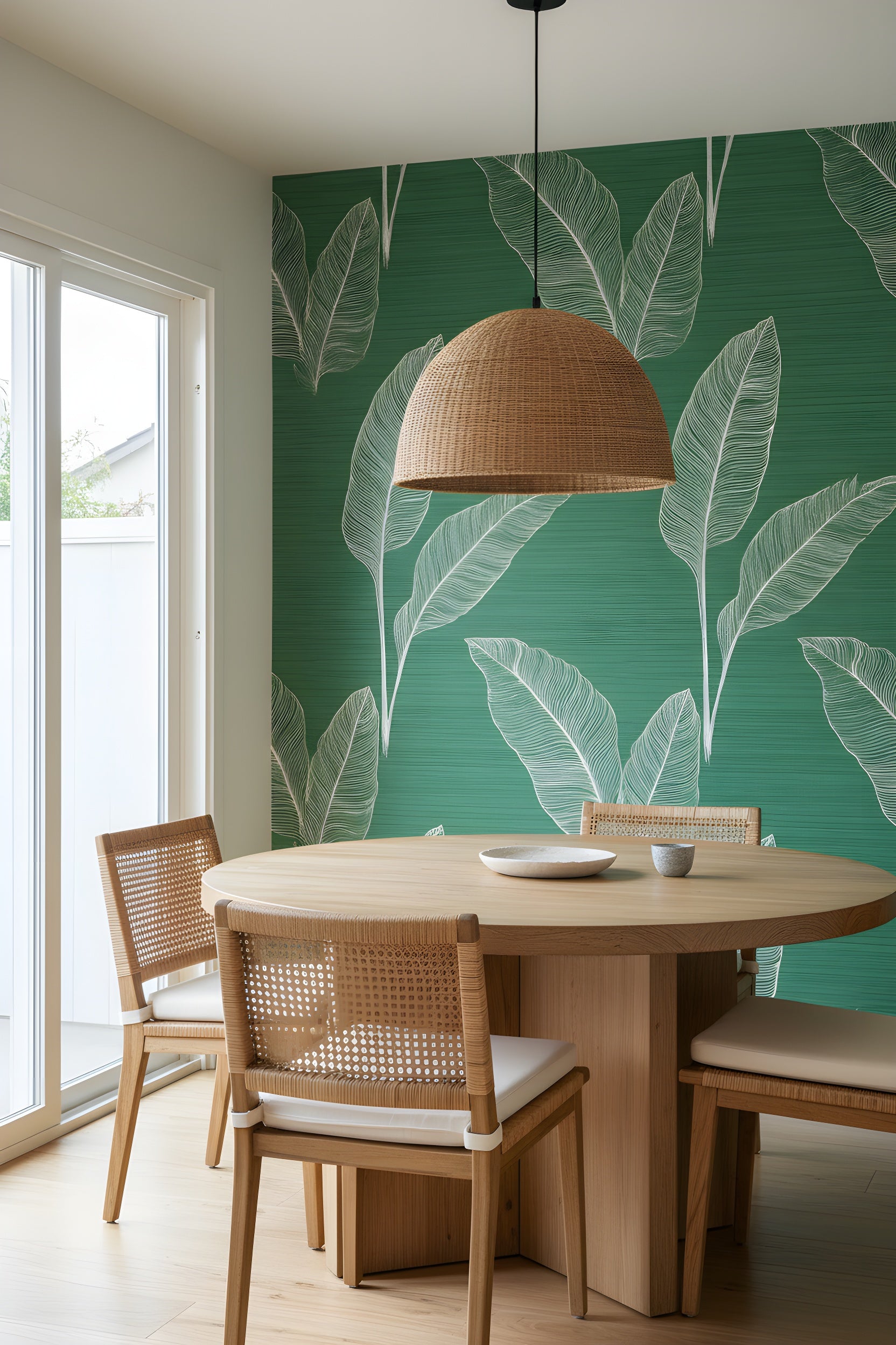 Green tropical leaf pattern wallpaper with white outline leaves on emerald textured backdrop in a bright dining room with a round wood table and woven