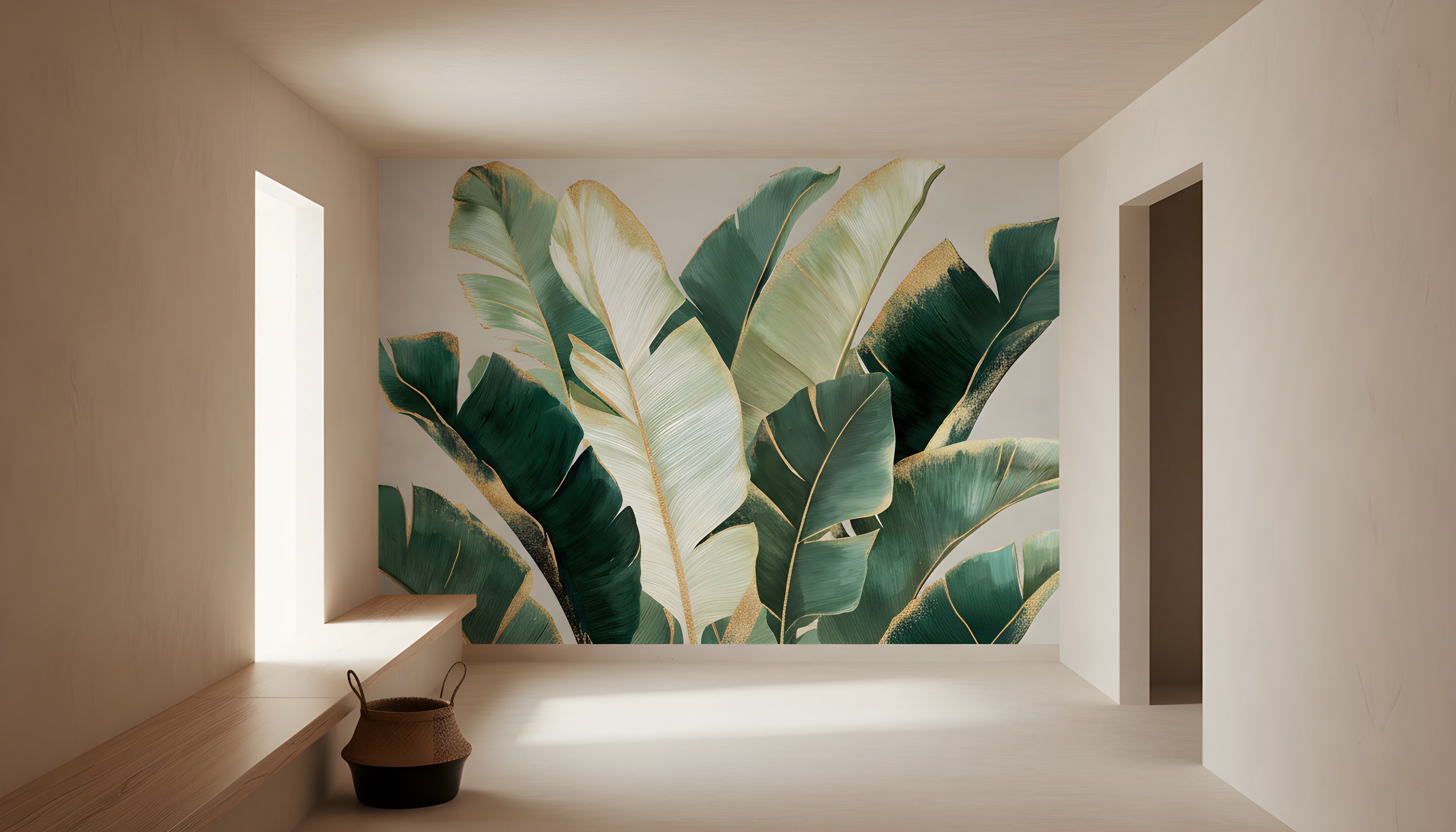 Bedroom hallway featuring a large tropical banana leaf mural with emerald green and sage leaves, gold accents, self-adhesive vinyl peel-and-stick wall