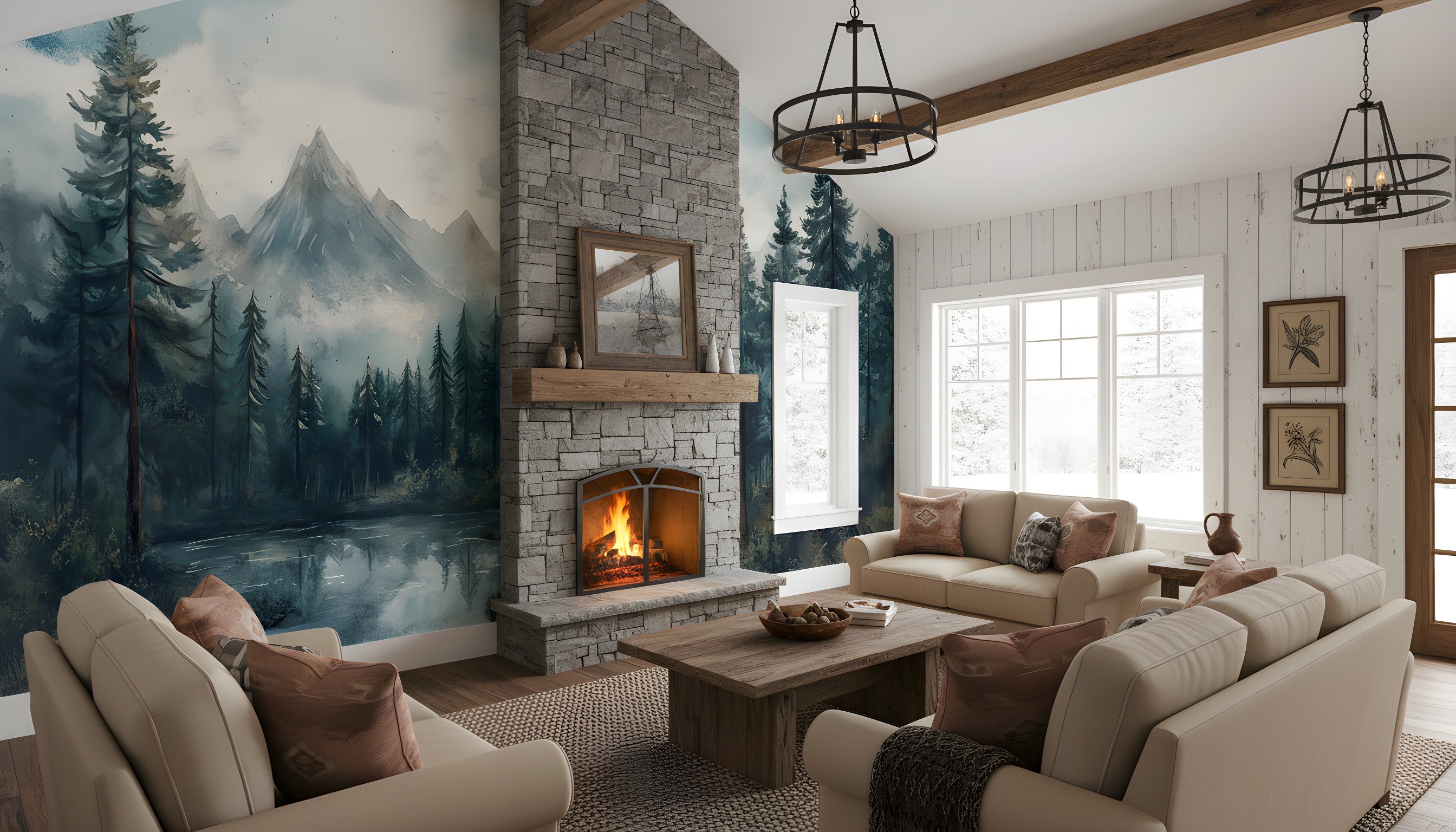 Mountain forest lake mural in a cozy living room with a stone fireplace, watercolor-style evergreen trees, misty peaks, and a serene lake reflection