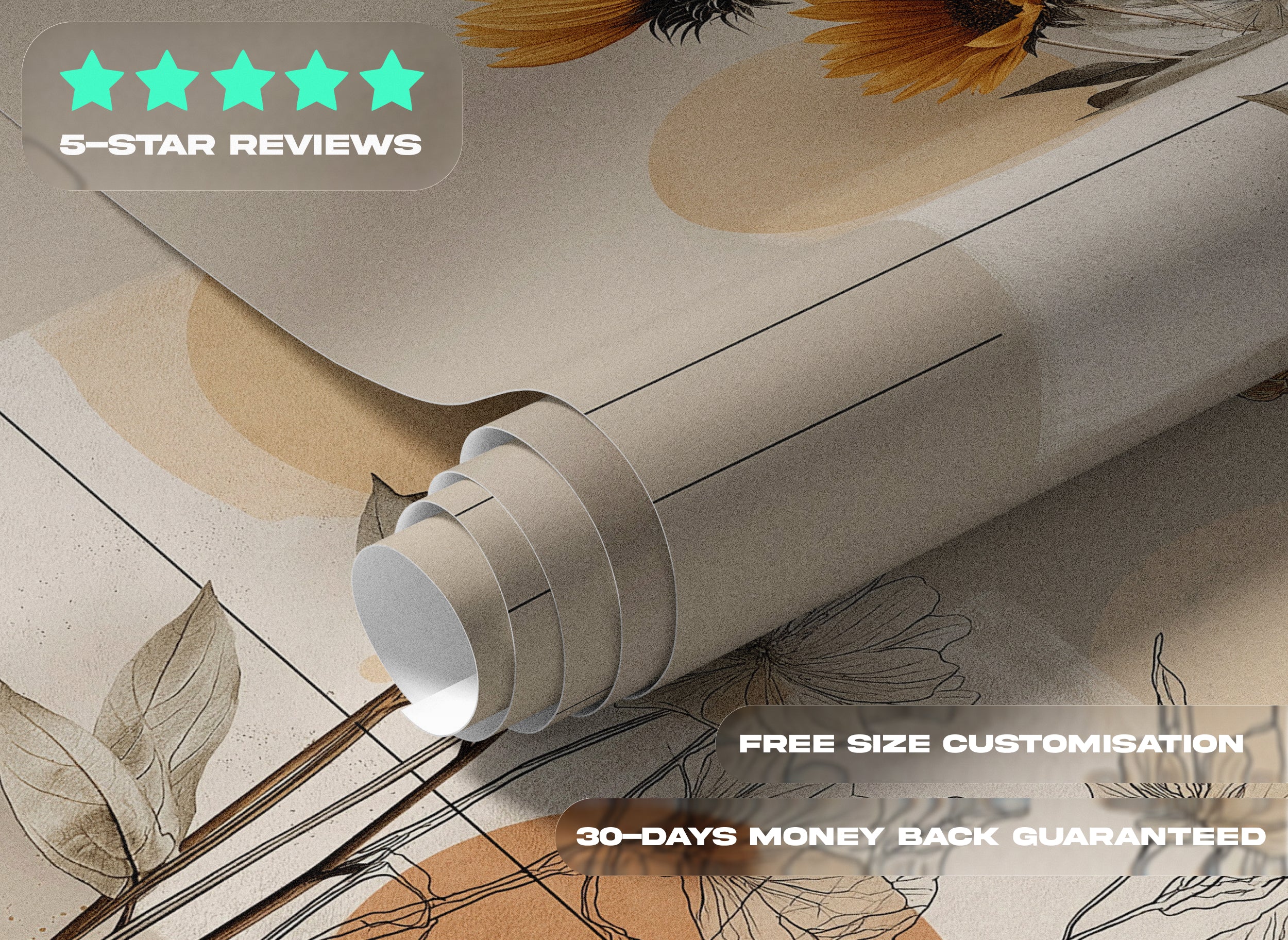Abstract floral mural with orange sunflowers and beige background showing a rolled peel and stick wallpaper design in a modern botanical style for