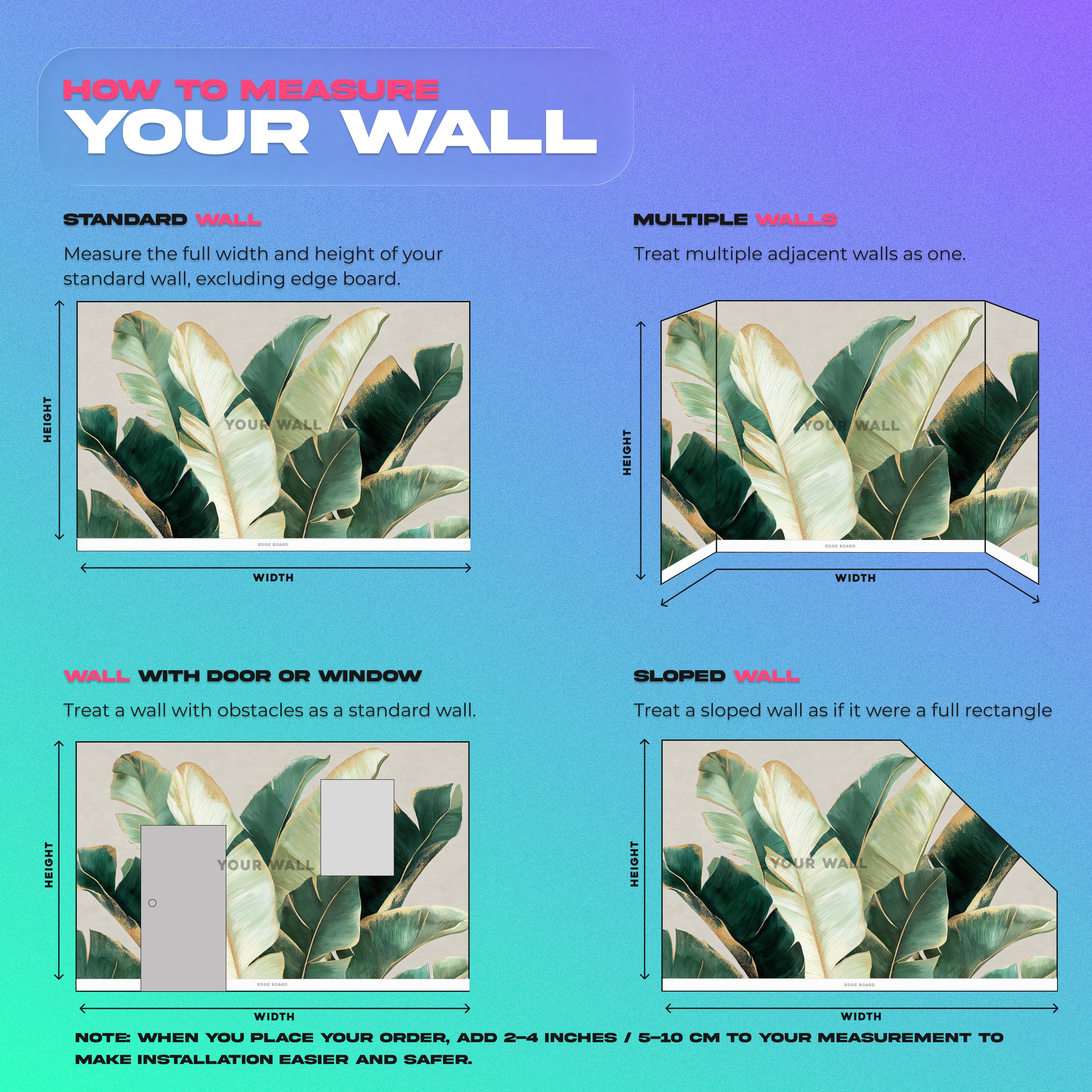 Vibrant tropical banana leaf mural in emerald greens and soft sage with gold detailing on a blue-green gradient wall, modern botanical wall art peel