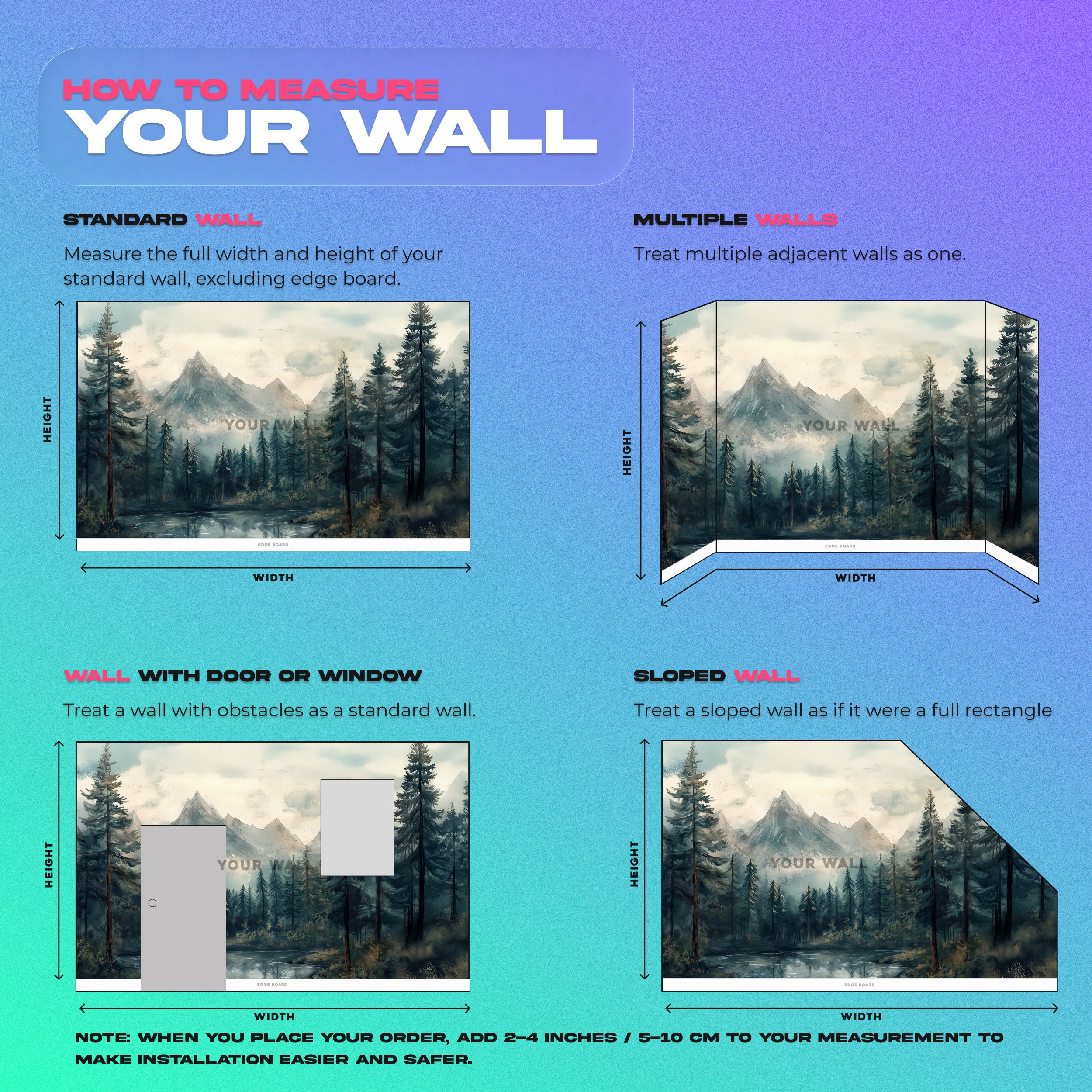 Mountain forest lake mural with evergreen trees and misty peaks reflected in tranquil water, watercolor style, peel and stick wall decor for living