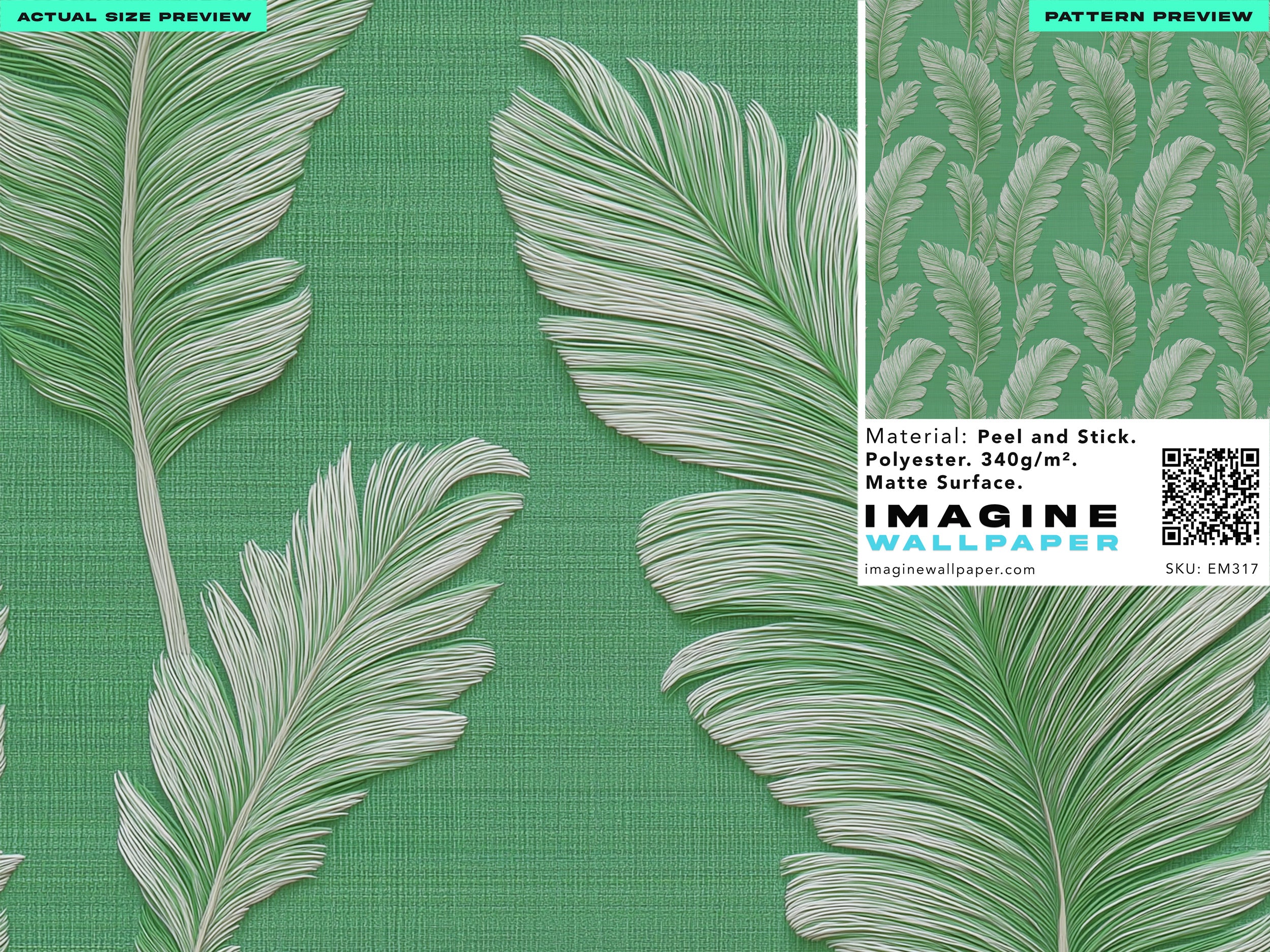 Close-up of tropical green palm leaves wallpaper with white-cream fronds against a textured emerald background, peel-and-stick self-adhesive design