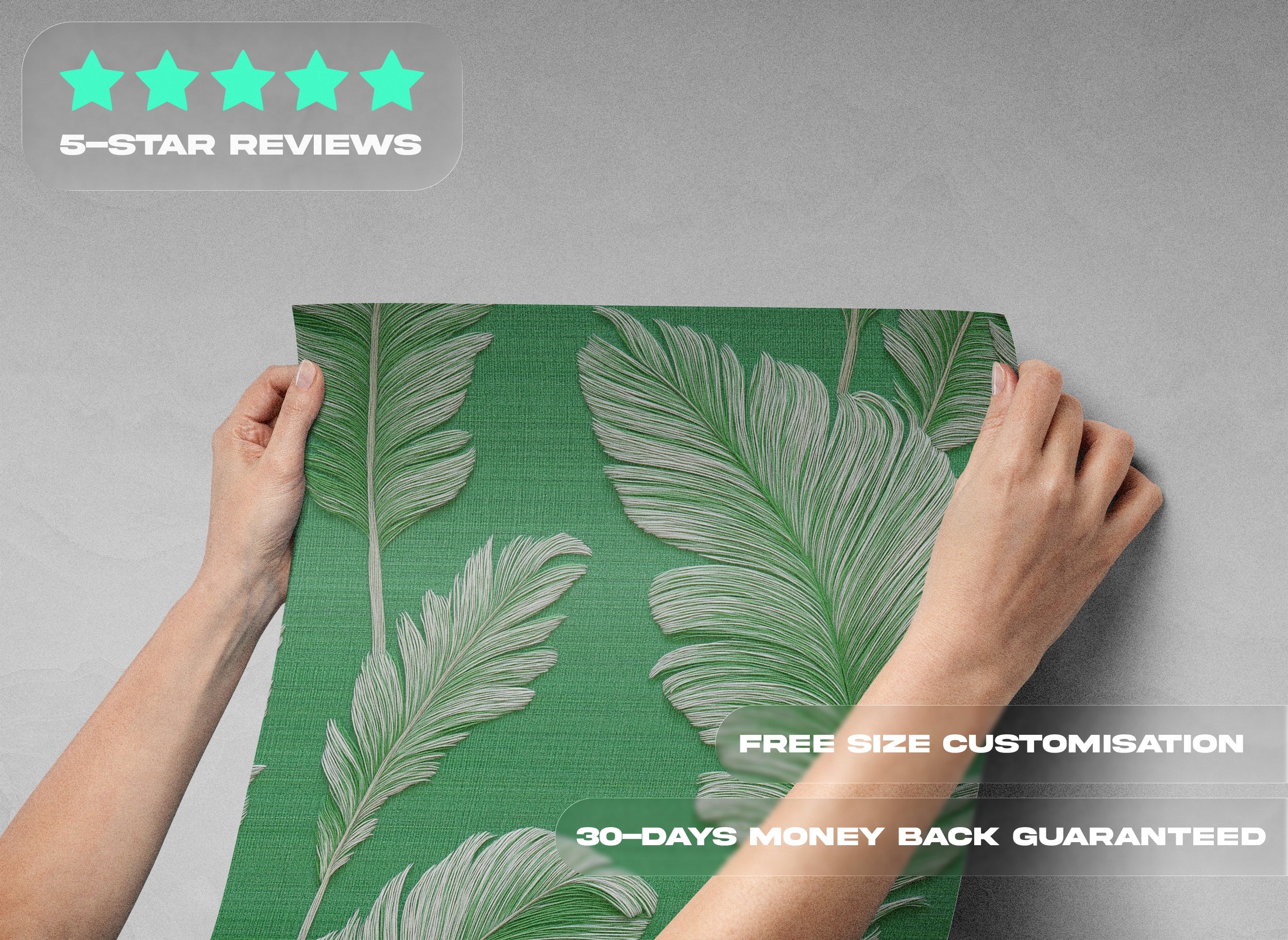Green palm leaves wallpaper with cream and white palm fronds on emerald green textured background, tropical removable self-adhesive design for living