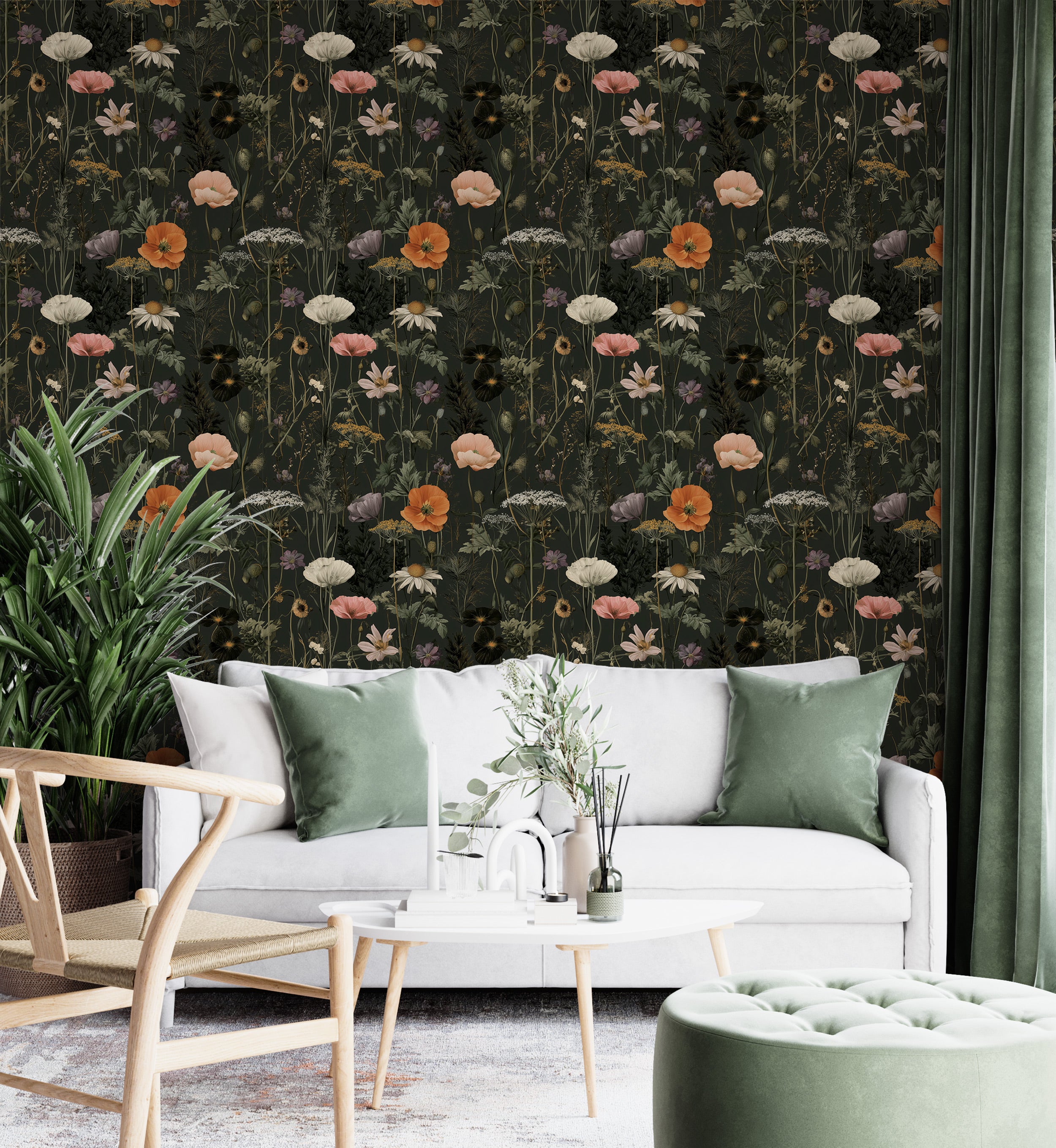 Dark green botanical wallpaper with a soft floral meadow pattern featuring coral, cream, and purple wildflowers in a cozy liv