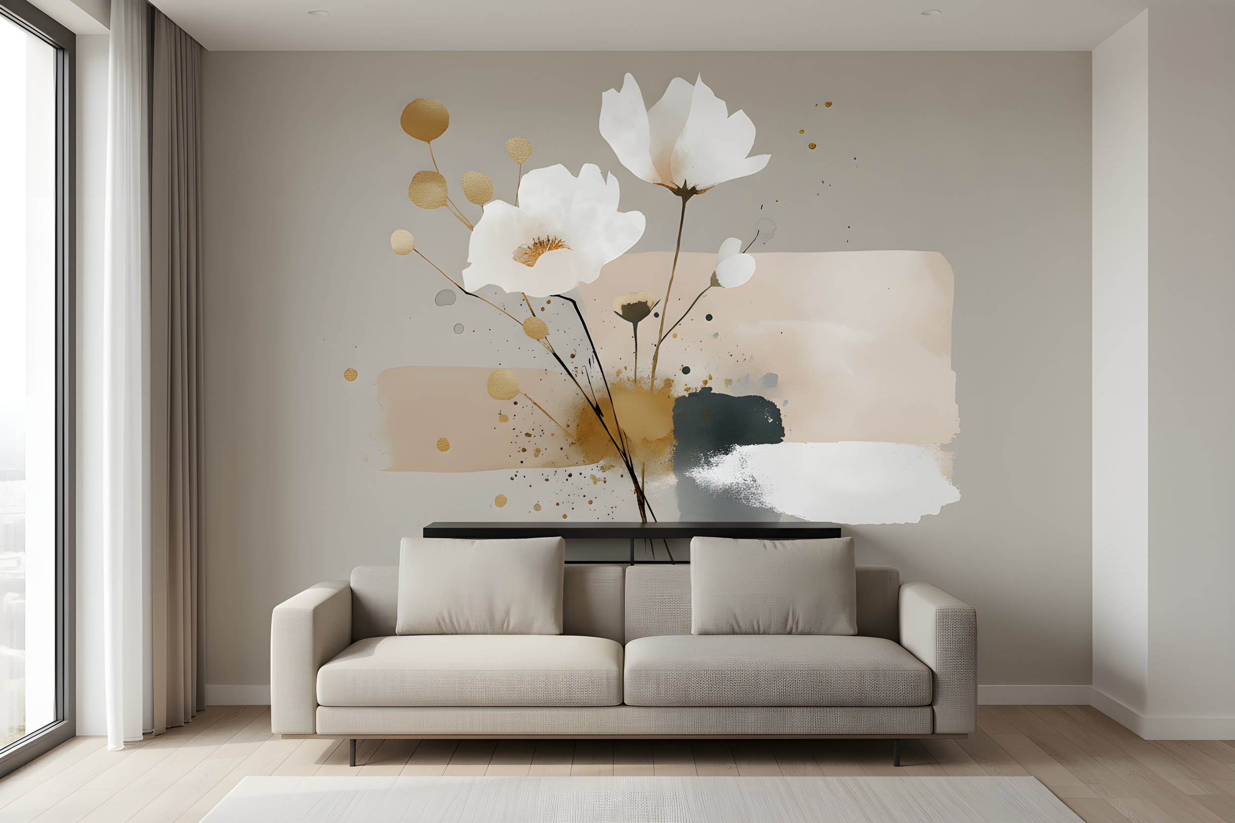 Abstract floral mural with white cosmos flowers against soft beige, teal, and gold watercolor background in a modern living room, removable peel and