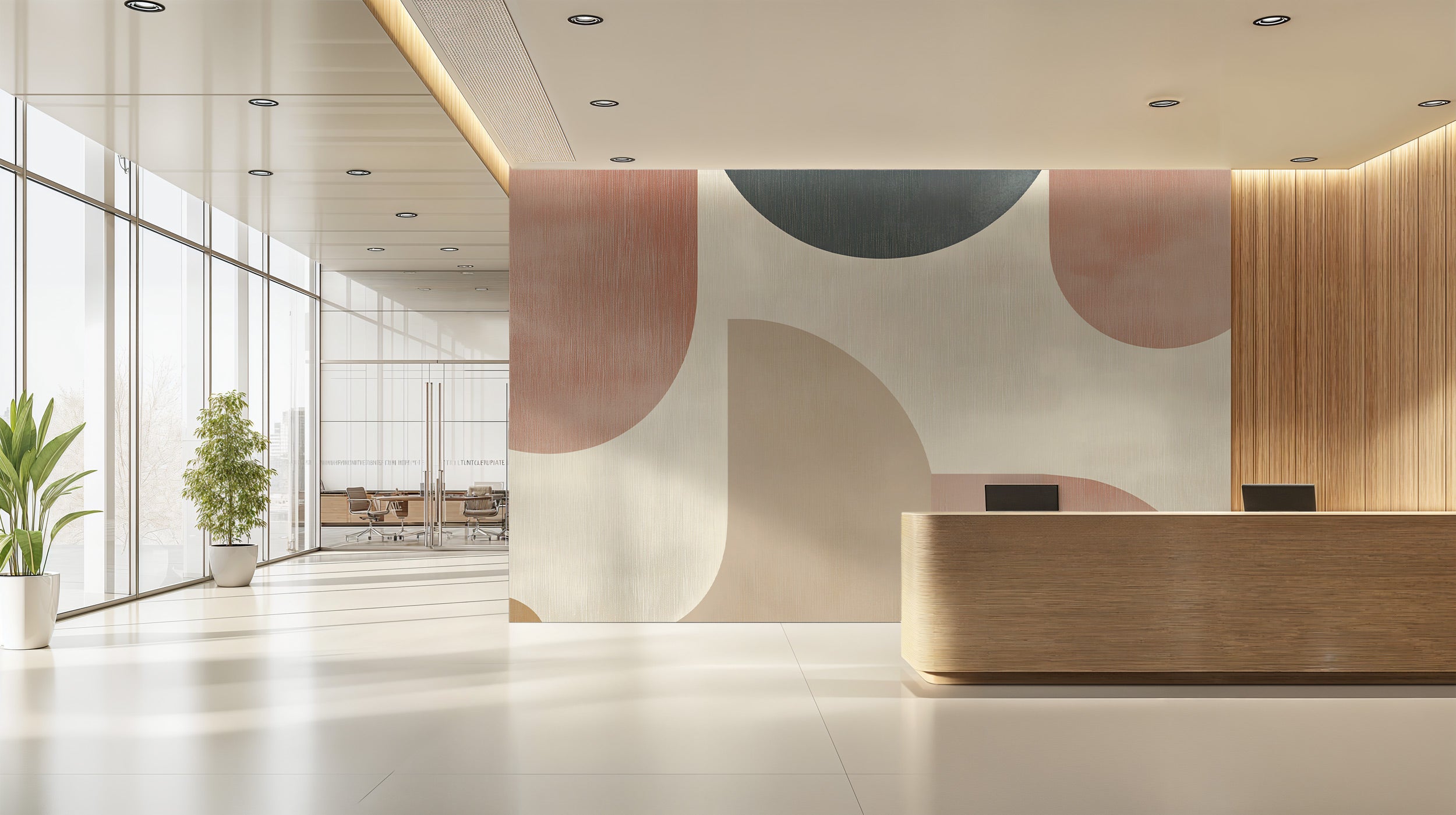 Abstract geometric mural in warm terracotta and charcoal tones on a modern office reception wall with a wooden front desk and