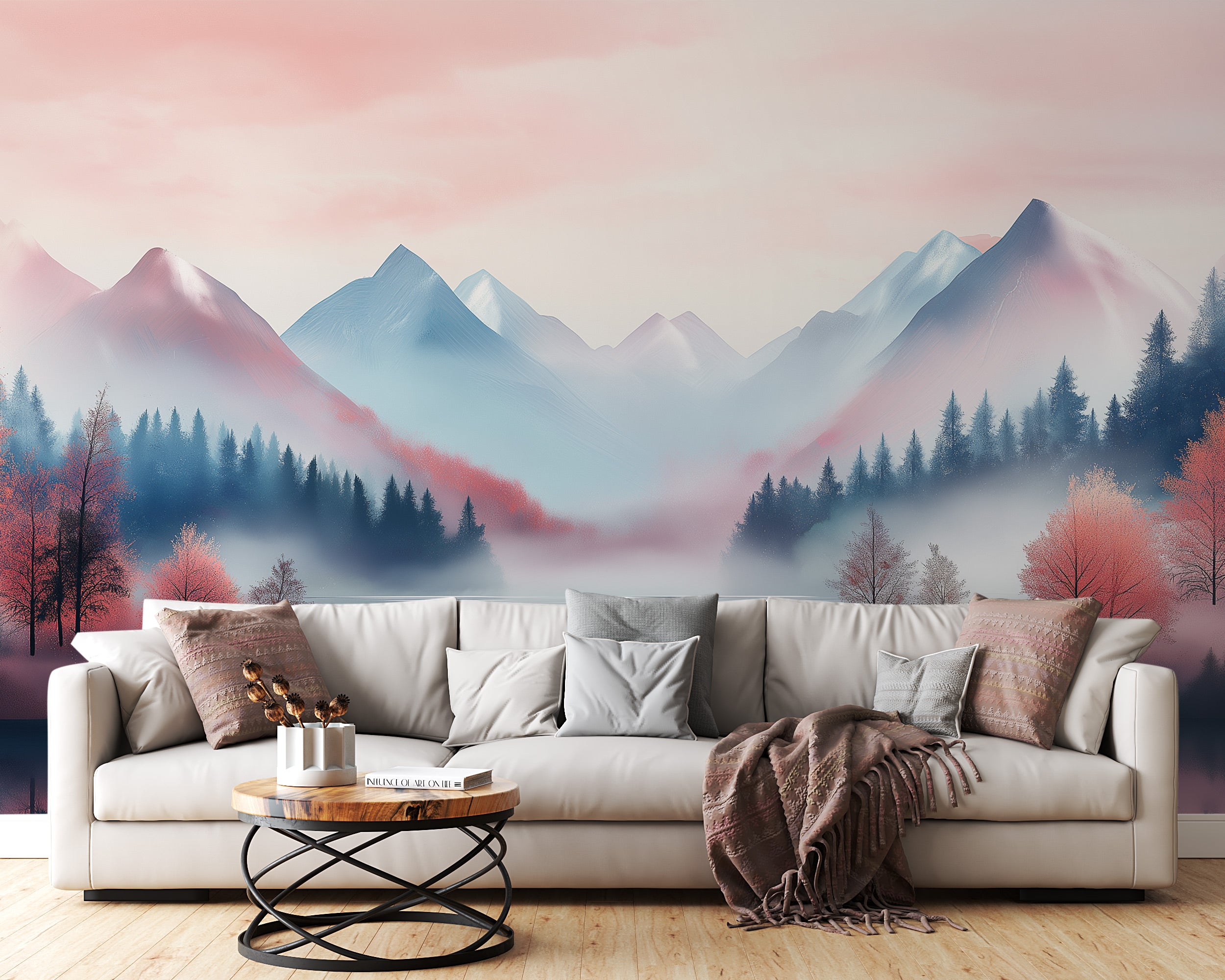 Serene mountain lake mural with pastel pink blue dawn, misty valley, autumn trees, calm water reflections on living room wall
