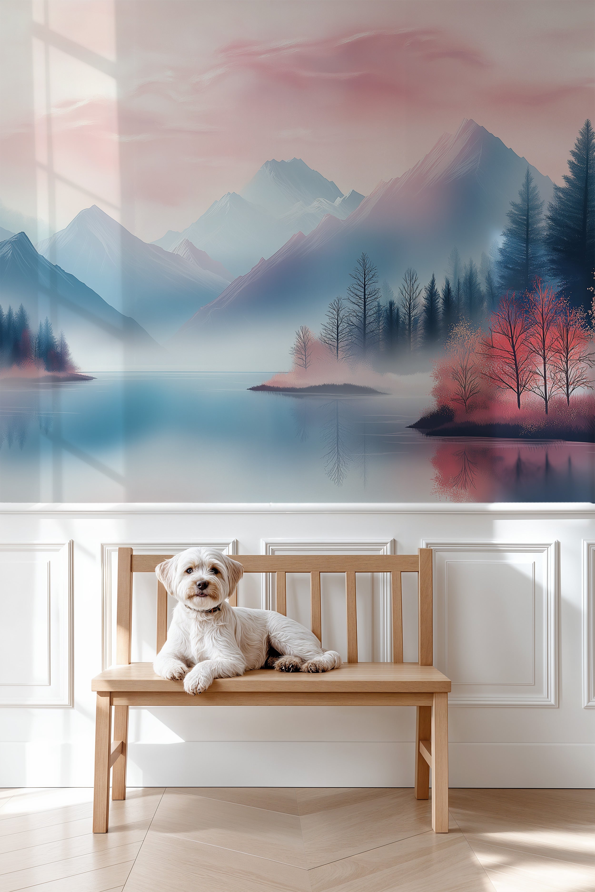 Pastel pink and blue mountain lake mural with snow peaks, misty forest, and reflections behind a white-paneled wall and sitti