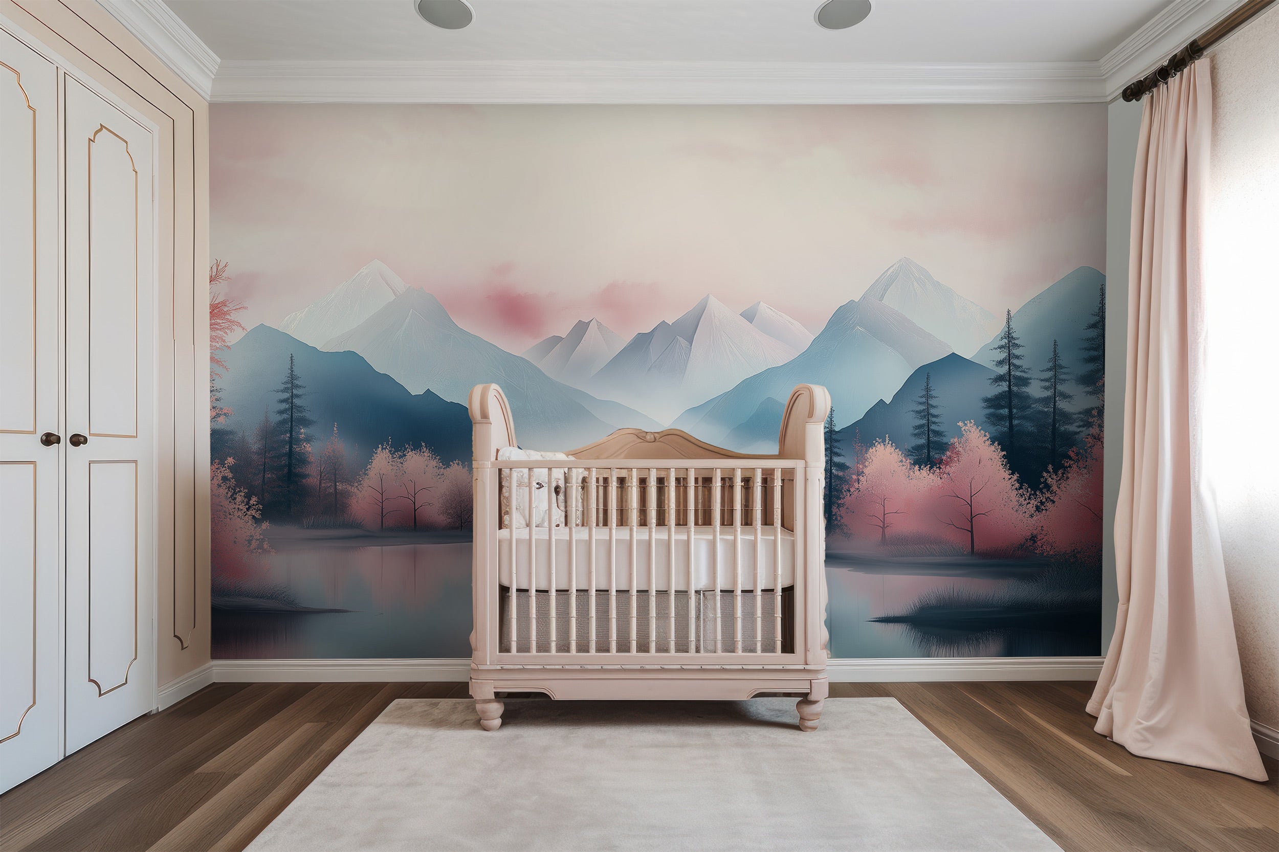 Pink mountain lake mural in a pastel pink and blue landscape backdrop featuring misty peaks, evergreen trees, and cherry blos