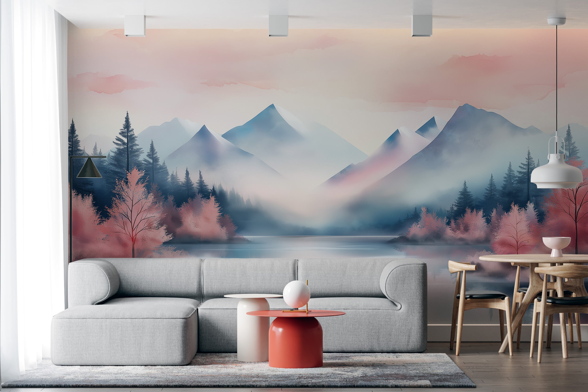 Pink mountain lake mural in a modern living room with soft pink autumn trees, blue-gray mountains, mist, and reflective water