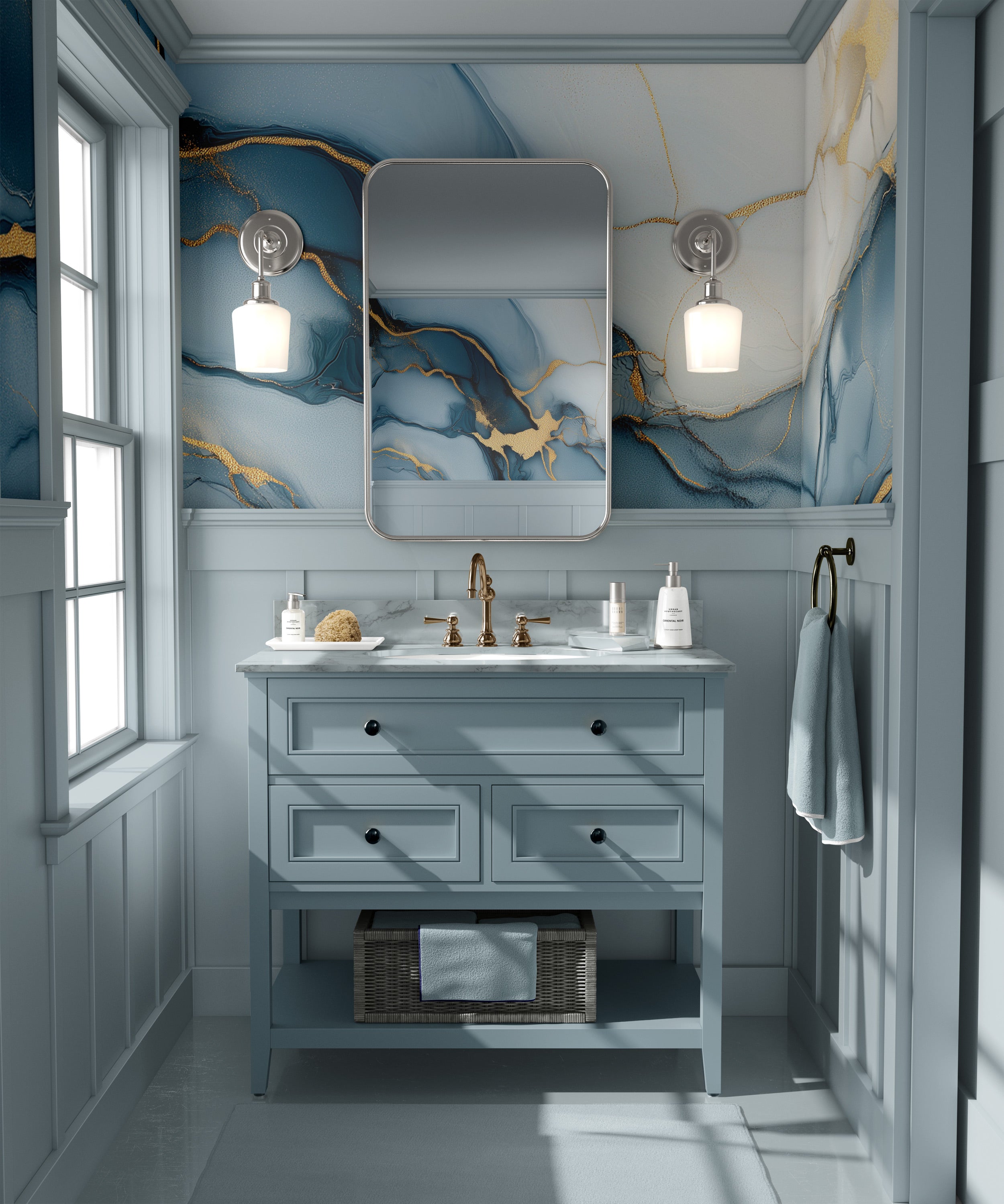 Blue and gold abstract mural in a blue-toned bathroom with vanity mirror and gold fixtures, showcasing flowing alcohol-ink st