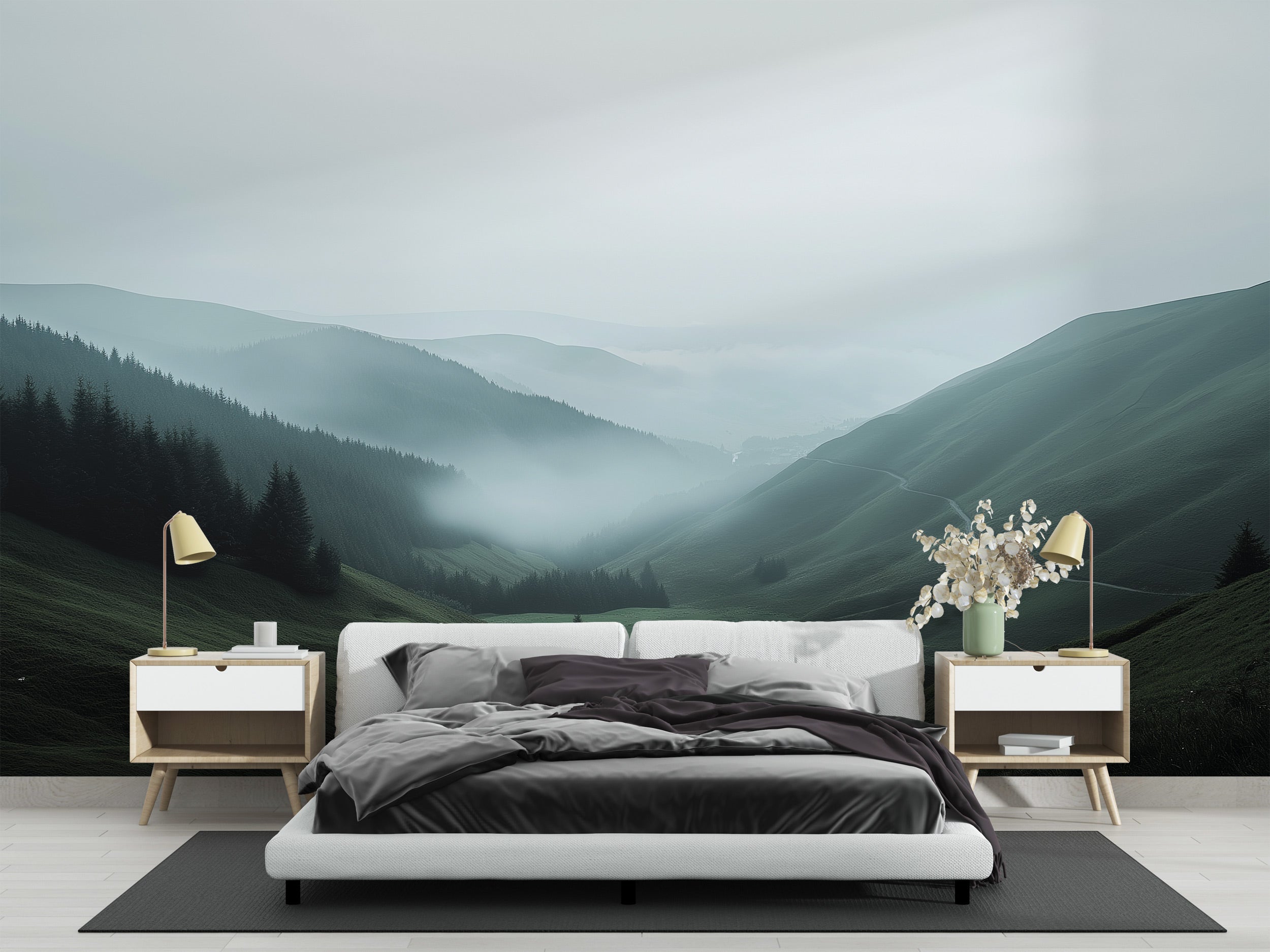 Mist y mountain valley mural with soft fog over emerald hills in a modern bedroom with white furniture and gold lamps
