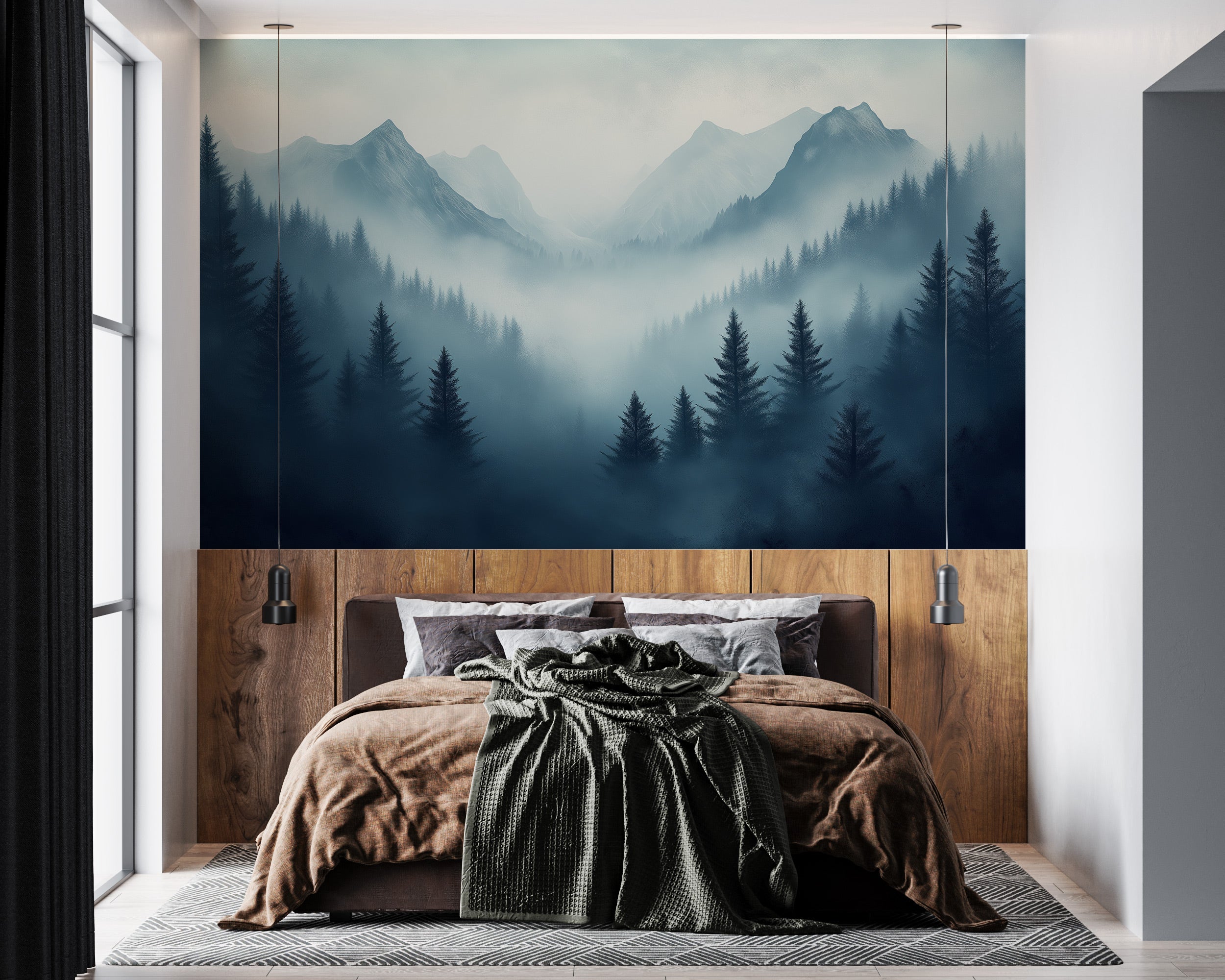Misty blue gray mountain forest mural with fog and evergreen silhouettes over a wooden headboard in a tranquil bedroom settin