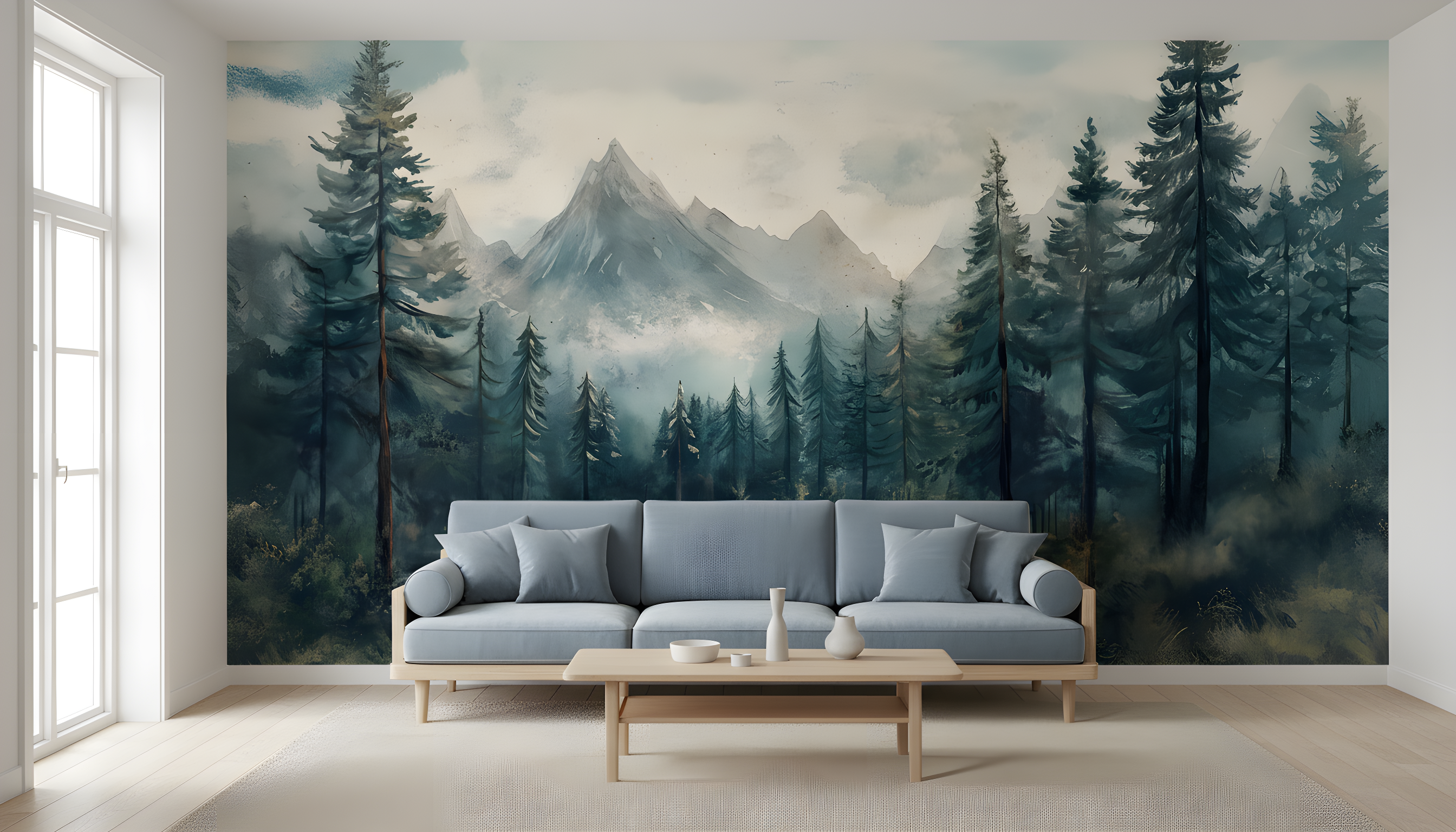 Watercolor mountain forest mural with evergreen trees and misty peaks reflected in a tranquil lake, ideal for living rooms and bedrooms with peel and